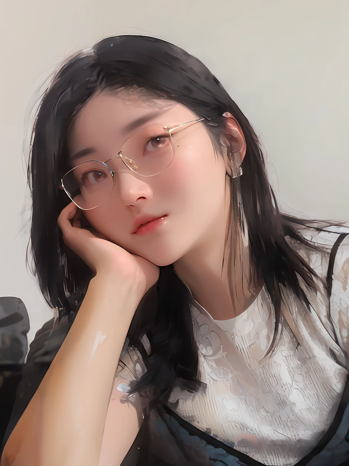 There was a woman sitting on the couch,hand on chin, jaeyeon nam, Choi Hyun-hwa, sangsoo jeong, Zhang Wanting, A young Asian woman, portrait of christy ren, Kim Tae-joon, jiyun chae, wenfei ye, xintong chen, Gemma Chen, inspirado por Kim Jeong-hui, jeremy cheung