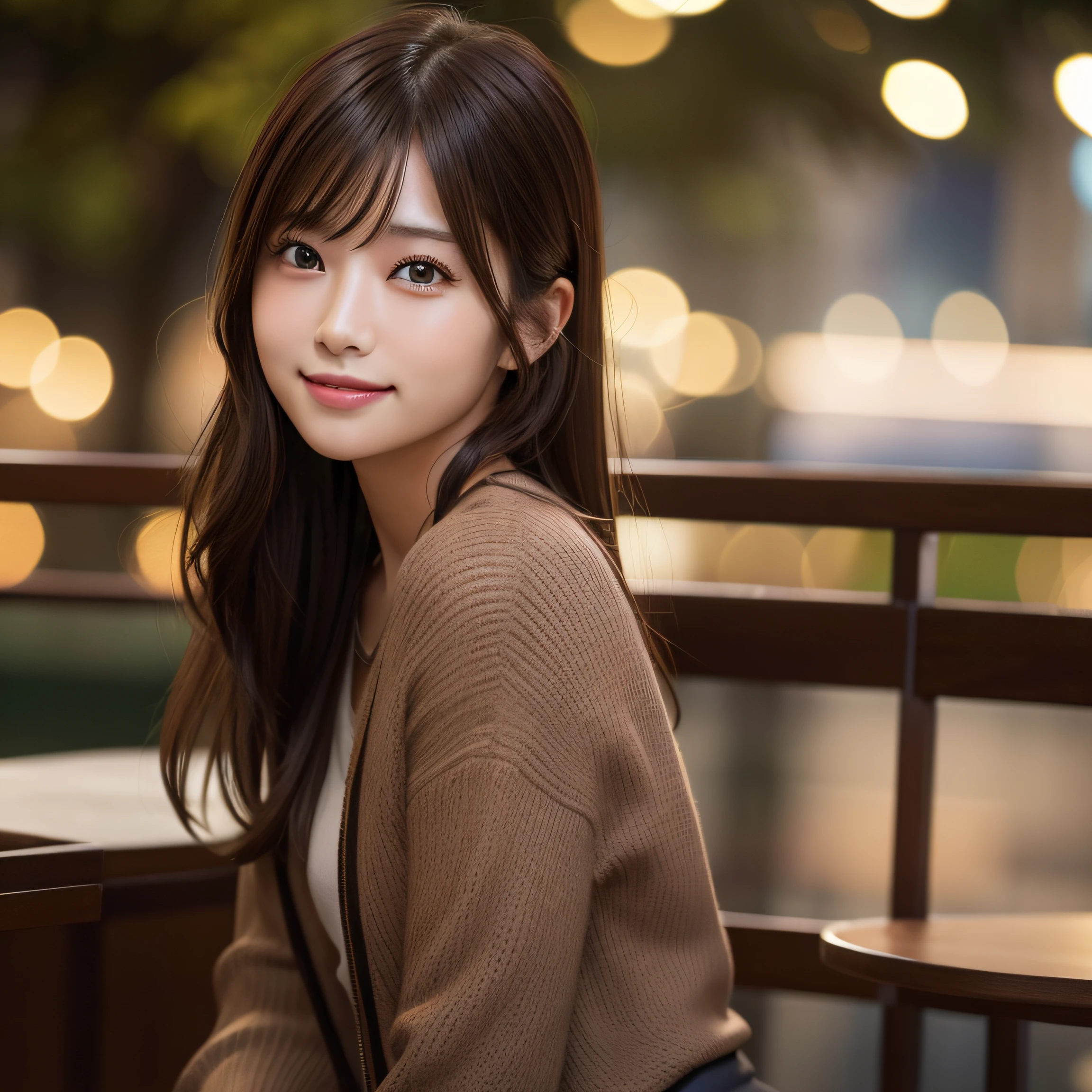 8K,Best Quality, 超A high resolution, (Photorealistic:1.4), Raw photo, (upper thigh, From Side:1.1), (Bokeh:1.4), (in a suite:1.４),Waterside Cafe, 1日本人の女の子, Cute, (Solo:1.6), (Shy smile), (Dark brown eyes), Smooth skin, (Brown medium hair,Bangs), (touch hair:1.4),nogizaka,a park,Fashionable clothes、Standing、Beautiful fingers