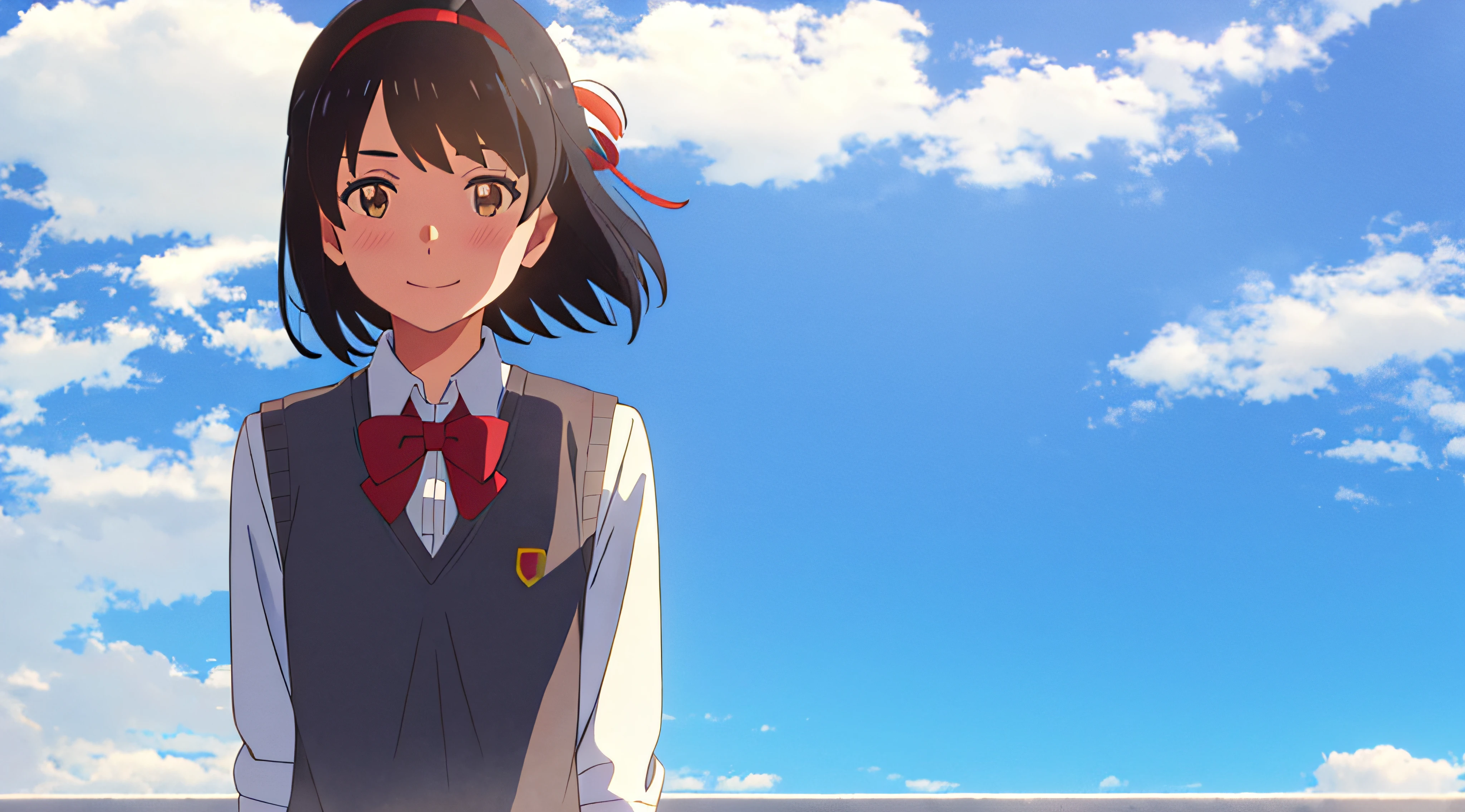 shinkai makoto, kimi no na wa., 1girl, bangs, black hair, blue sky, blush, bow, bowtie, brown eyes, cloud, collared shirt, hair ribbon, hairband, looking at viewer, negative space, outdoors, red bow, red bowtie, red hairband, red ribbon, ribbon,  school uniform, shirt, short hair, sky, smile, solo, sweater vest, upper body, vest, white shirt, yellow sweater vest, yellow vest