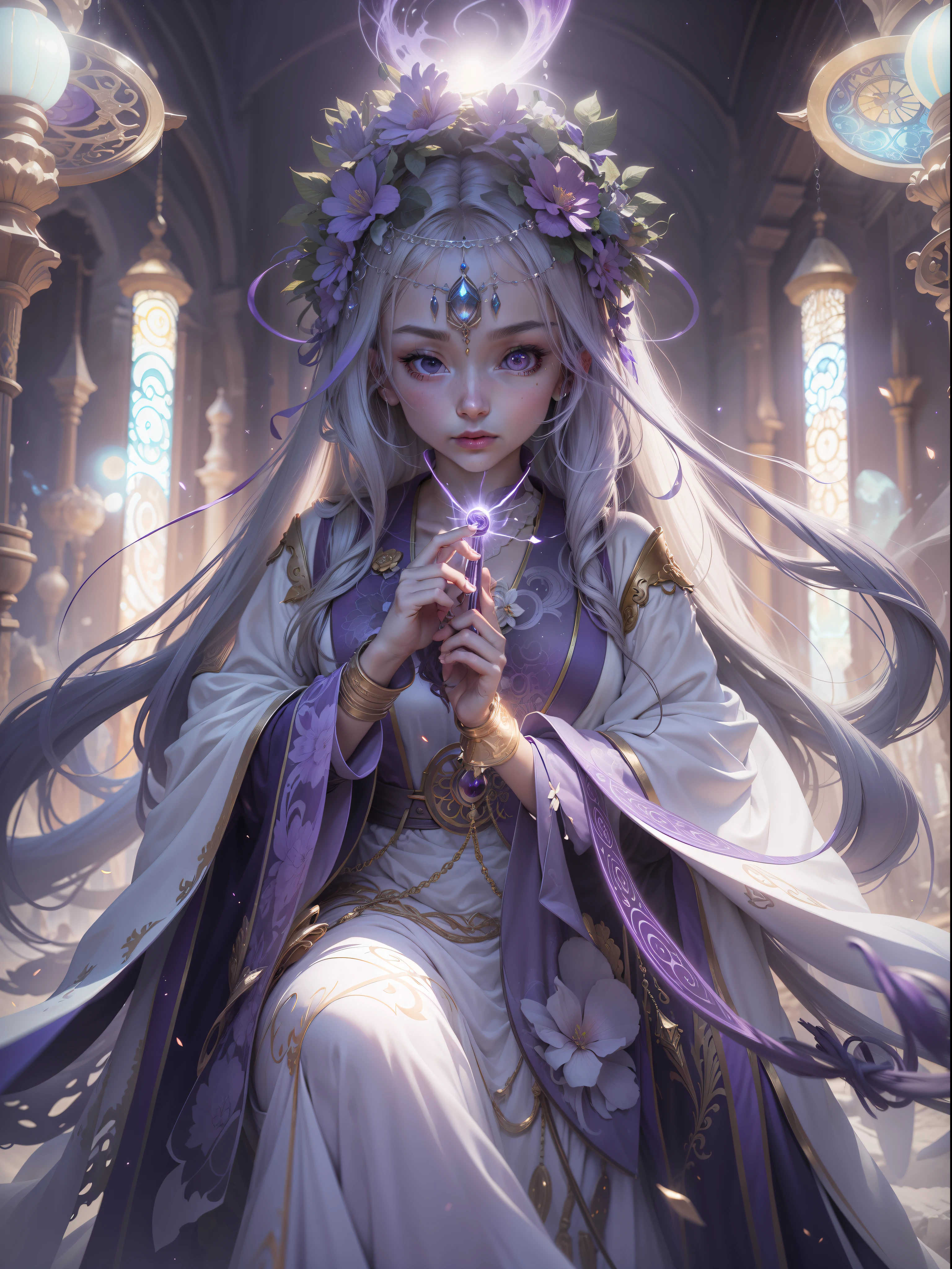 Picture quality:A masterpiece of high detail,8K,High resolution Body content:1girll, old,Full-body position, Broad perspectives,wears a long robe,Glowing hair,long leges,Exudes an aura of majesty and wisdom,The purple magic wheel unfolded behind it,Behind him is the mysterious oversized purple chakra purple light,Countless glowing quicksand swirled around this figure,Mysterious top light,The feeling of being high,Background with:A dazzling paradise,enviroment:fanciful,Full of mystery,Buddha is filled with purple light,utopian,Bathe in the breath of chaos,Hopeful,Divine piety,mystical ambiance:Mysterious and unknowable sense of light,sun light,Intense violet light,Magic beam,The fantasy of the future world is intertwined with reality,Color:Infused with ethereal hues and luminous purple hues,White-blue,High purity color, composition:Ultra-wide angle composition,Faraway view, Style reference:Virtual Engine,The magical texture of ghostly sparks,Chaotic real world