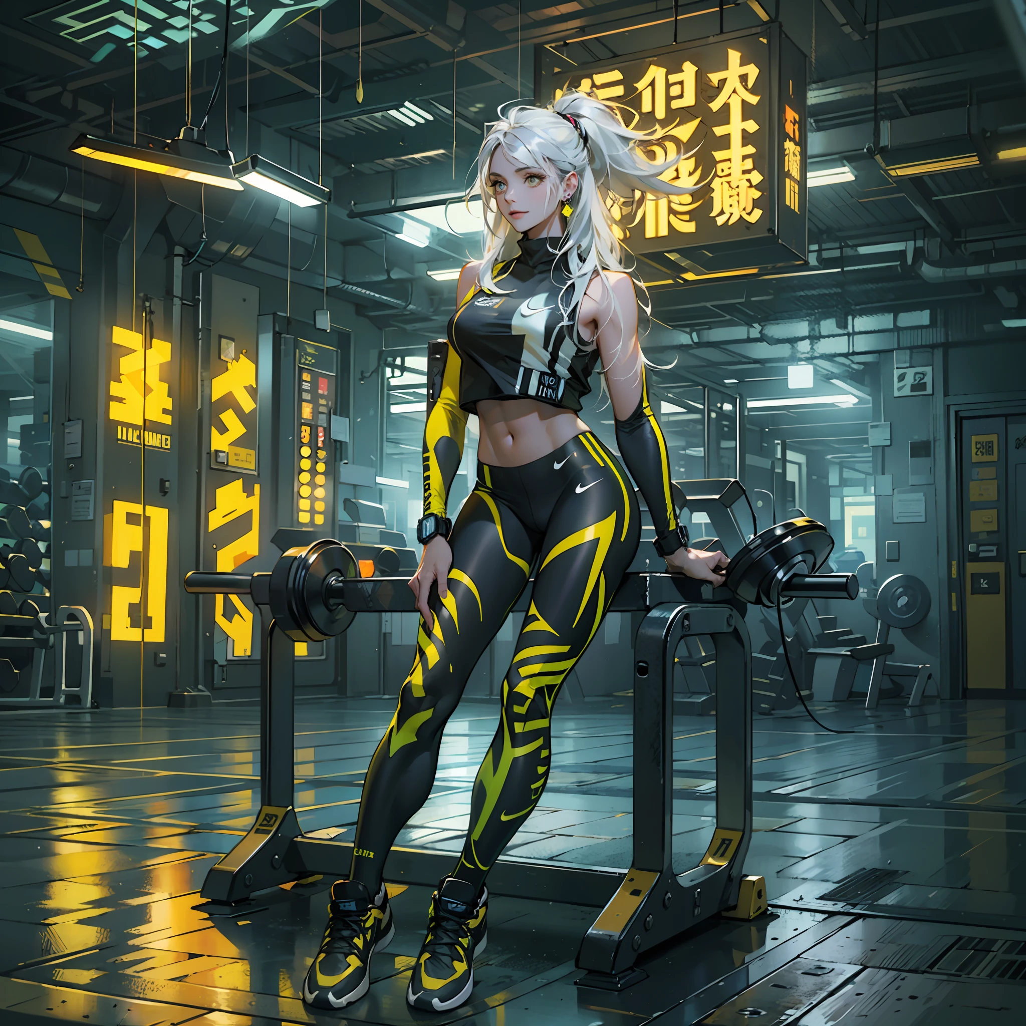 Best quality,tmasterpiece,Ultra-high resolution fills the picture,Indoor at night,the night,Indoor neon lights,Yellow color scheme,Rich egg yellow,Silvery-white hair,Yellow and black tights,Yellow and black color scheme clothing,Sporty skirts,the complex background,Gym interior background,Weight instruments in the background,High-tech screen in the background,Lateral face,Smiling,Dress less,There are fitness elements in the rear,nike,nike,nike,Tech gym,Perfect makeup,Love eyes,8K quality,Cyberpunk,sense of science and technology,Character backlighting,rim-light,Movement changes,Flowing hairstyle,Loose hairstyle,The number of fingers is refined,Full body in camera,9 doppelganger diagram,Luminous stud earrings,Luminous digital necklace,Electronic digital watches,The most beautiful girl in mankind,Delicate close-up of the face,Realistic image quality,Super light and shadow,Very good figure,Meticulous,Arrow symbol,Brand sense,English slogan neon,Runway lights,Fitness gym at night,Very good figure,Raised sexy,luminous,Faraway view,Full body in camera,独奏,There is only one character,femele