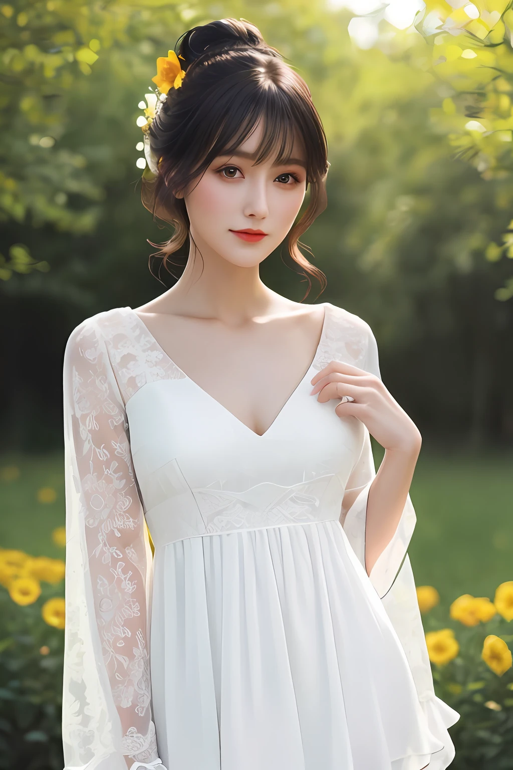 a woman in a white dress posing for a picture, best quality, masterpiece, ultra high res, cowboy shot, (photorealistic:1.4), raw photo, official art, (detailed face, detailed eyes), rouge \(makeup\), red eyeshadow, little smile, beautiful legs, tall female, skinny, slim_legs, thigh_gap, ((a mature female)), solo, black hair, flower, realistic, looking at viewer, black eyes, (enmaided dress), yellow flower, upper body, lips, hair-bun, updo-hairstyle, bangs, outdoors,