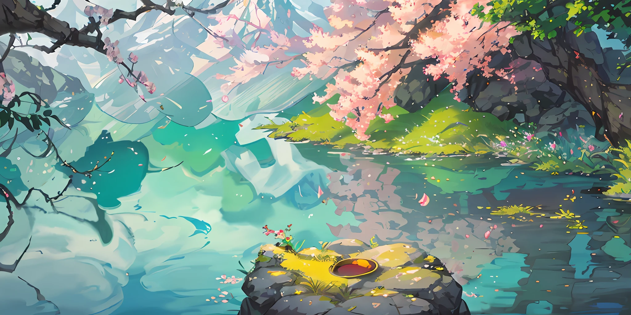 Chinese ancient times, spring, jungle, lake, cave, waterfall, tree, meadow, rock, deer, hot spring, water vapor, (illustration: 1.0), epic composition, realistic lighting, HD details, masterpiece, best quality, (very detailed CG unified 8k wallpaper)