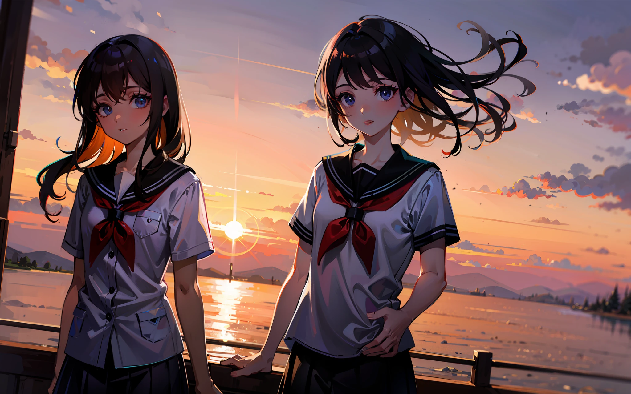 schoolboy,whaite hair,Beautiful,quadratic element,Sunset in the background