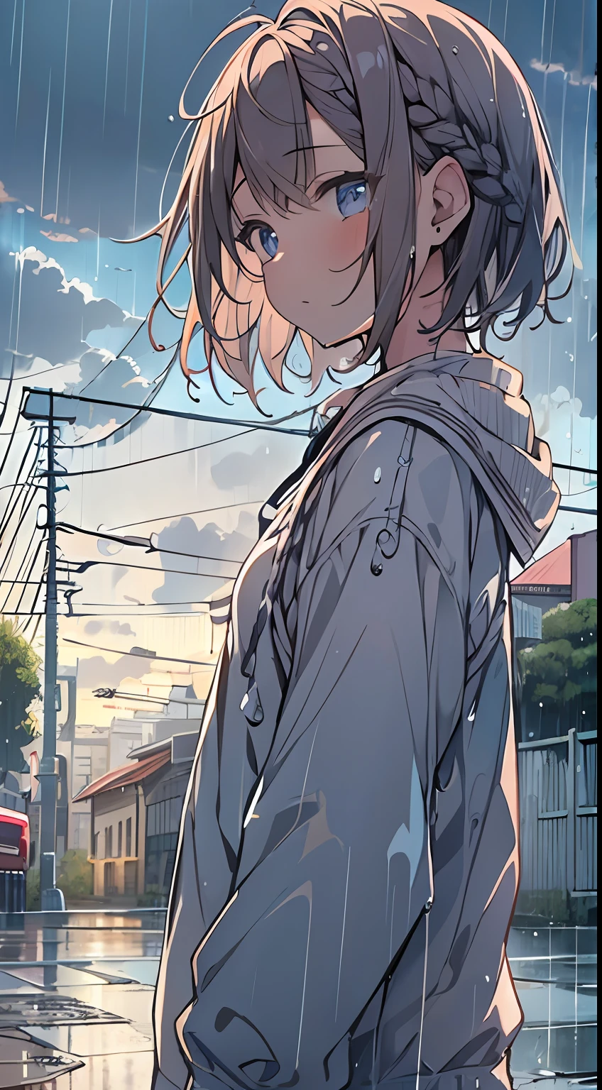 masutepiece, Best Quality,Illustration, Wallpaper, Ultra Detail, absurderes, 1girl in, Solo, (Medium short hair、short braided hair), Beautiful detailed eyes, rainfall、water dripping、wetting hair , Looking to the side, (Street:1.5), Cloudy sky、Bright scenery