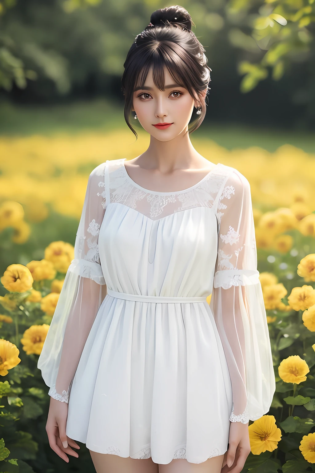 a woman in a white dress posing for a picture, best quality, masterpiece, ultra high res, cowboy shot, (photorealistic:1.4), raw photo, official art, (detailed face, detailed eyes), rouge \(makeup\), red eyeshadow, little smile, beautiful legs, tall female, skinny, slim_legs, thigh_gap, ((a mature female)), solo, black hair, flower, realistic, looking at viewer, black eyes, (enmaided dress), yellow flower, upper body, lips, hair-bun, updo-hairstyle, bangs, outdoors,