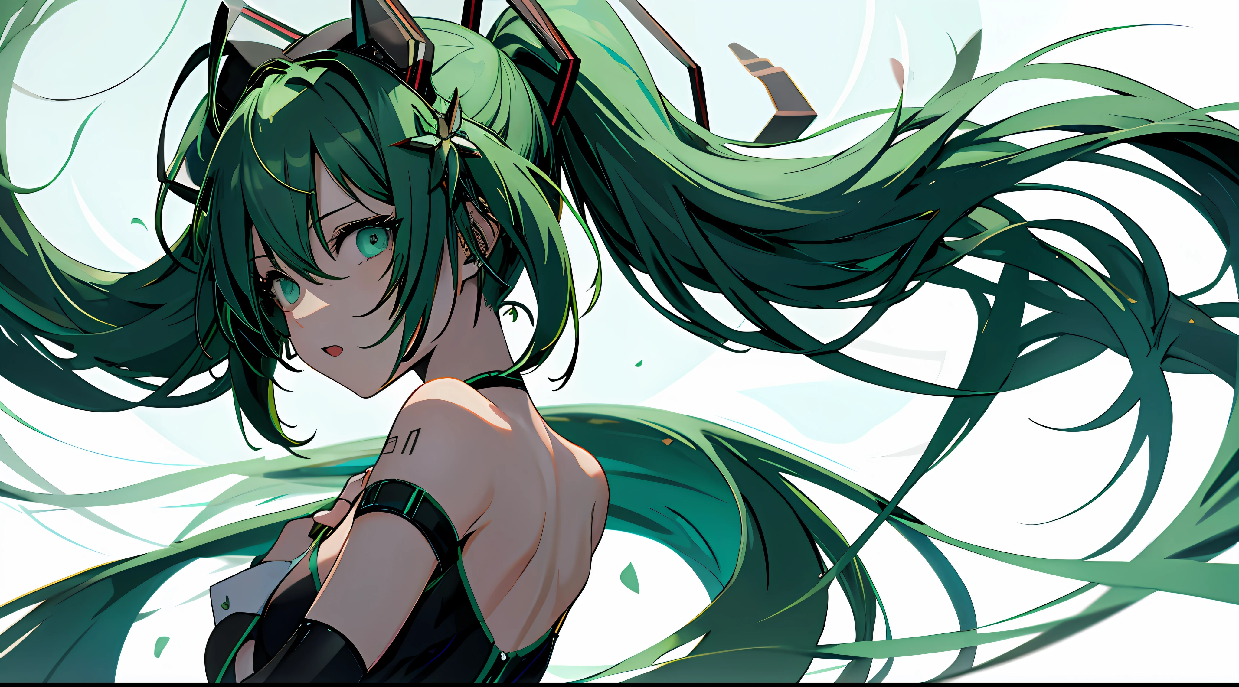 1girl in, Upper body, light green hair, ,miku hatsune,posterior view,Dark look