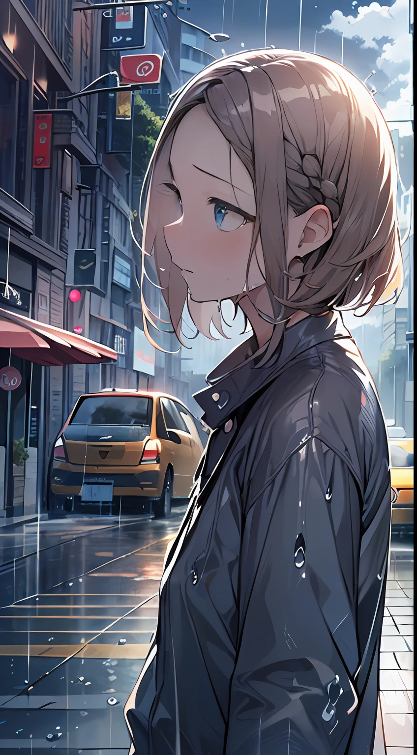 masutepiece, Best Quality,Illustration, Wallpaper, Ultra Detail, absurderes, 1girl in, Solo, (Medium short hair、short braided hair), Beautiful detailed eyes, rainfall、water dripping、wetting hair , Looking to the side, (Street:1.5), Cloudy sky、Bright scenery