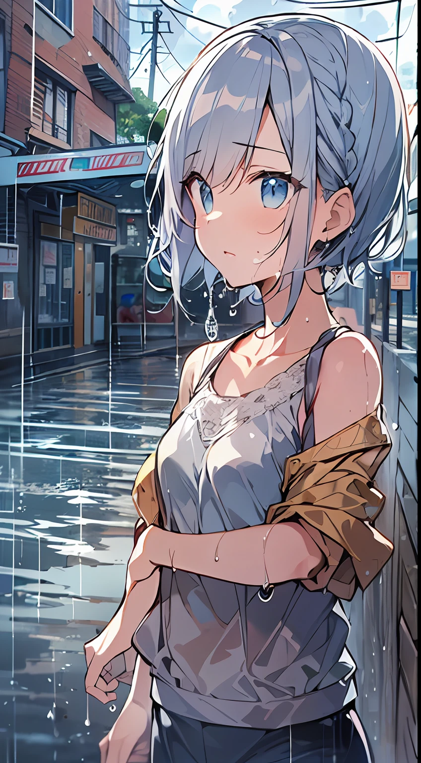 masutepiece, Best Quality,Illustration, Wallpaper, Ultra Detail, absurderes, 1girl in, Solo, (Medium short hair、short braided hair), Beautiful detailed eyes, rainfall、water dripping、wetting hair , Looking to the side, (Street:1.5), Cloudy sky、Bright scenery
