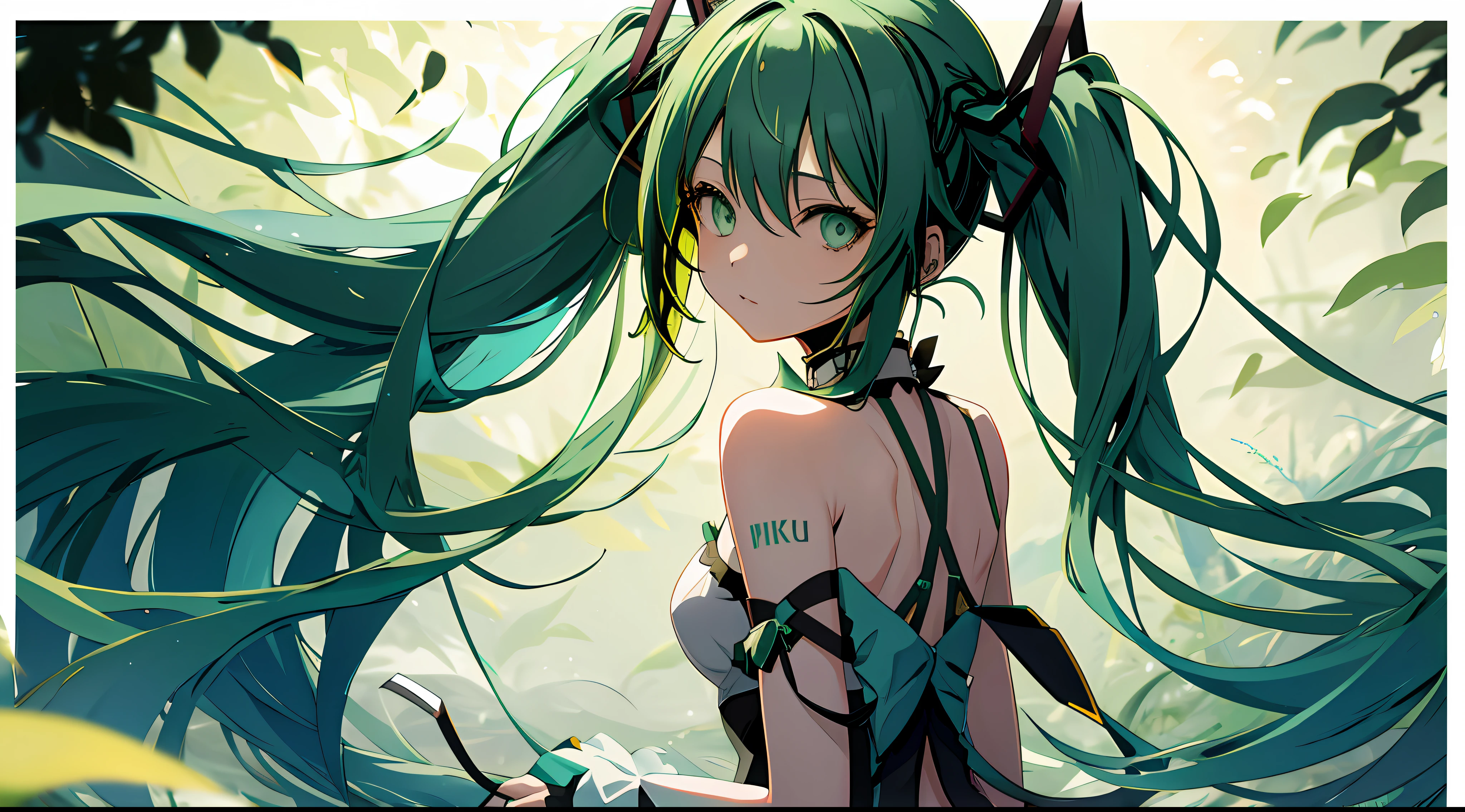 1girl in, Upper body, light green hair, ,miku hatsune,posterior view,Dark look
