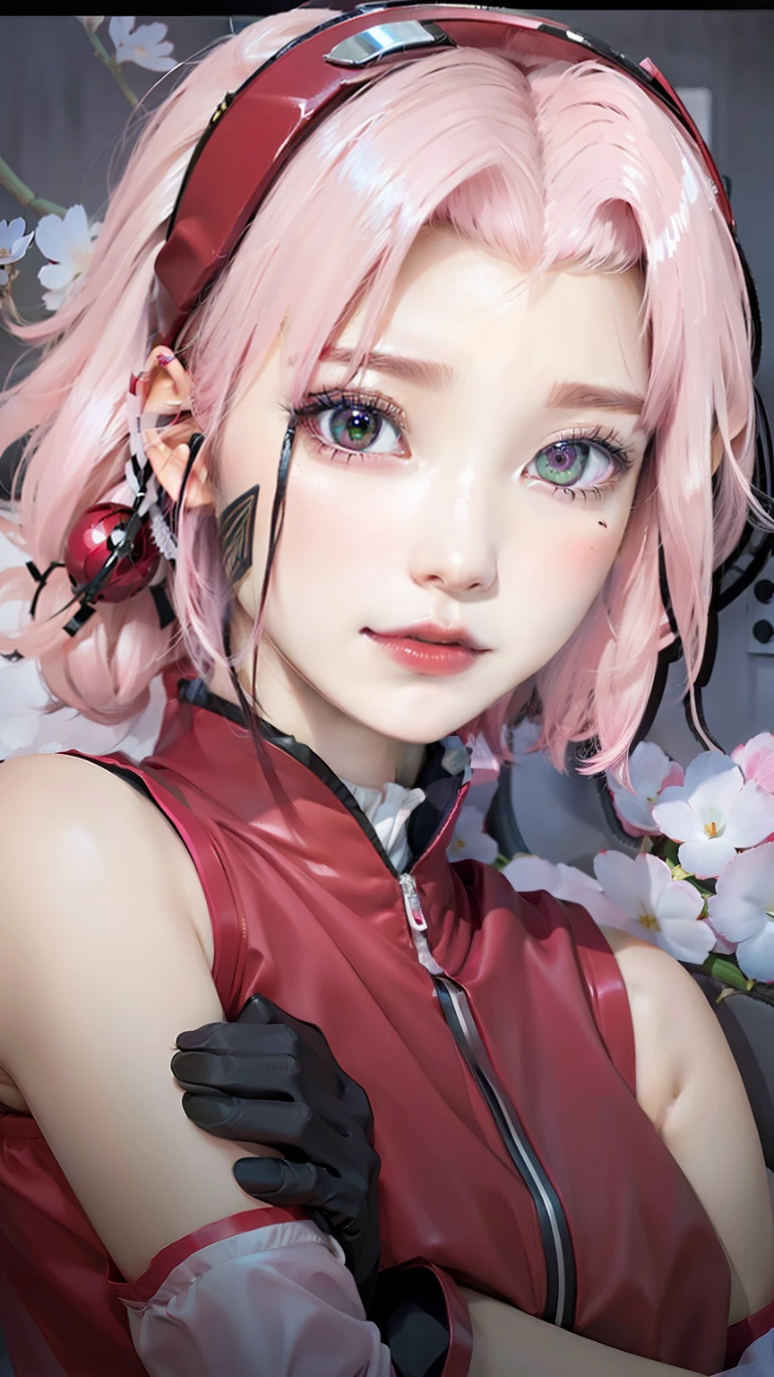 1girl, haruno sakura, pink hair, red clothes, green eyes, realistic, ultra detail