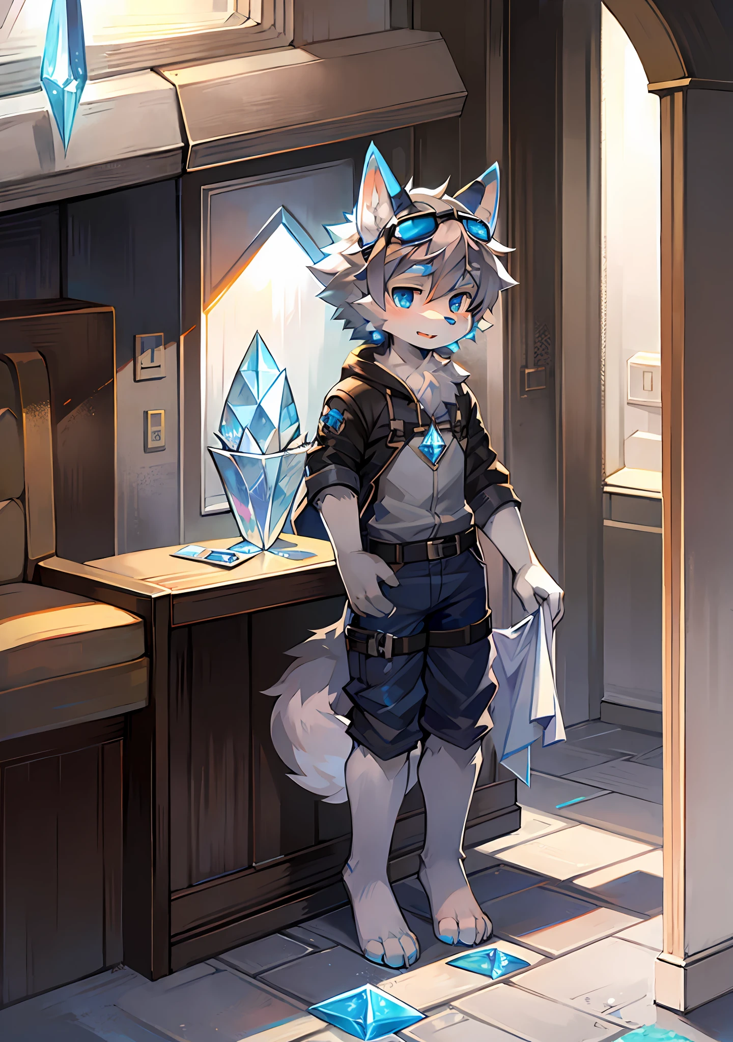 Furry,Wolf boy,White fur,crystal blue eyes,Single fluffy tail,greyt hair,short detailed hair,Wear flight goggles