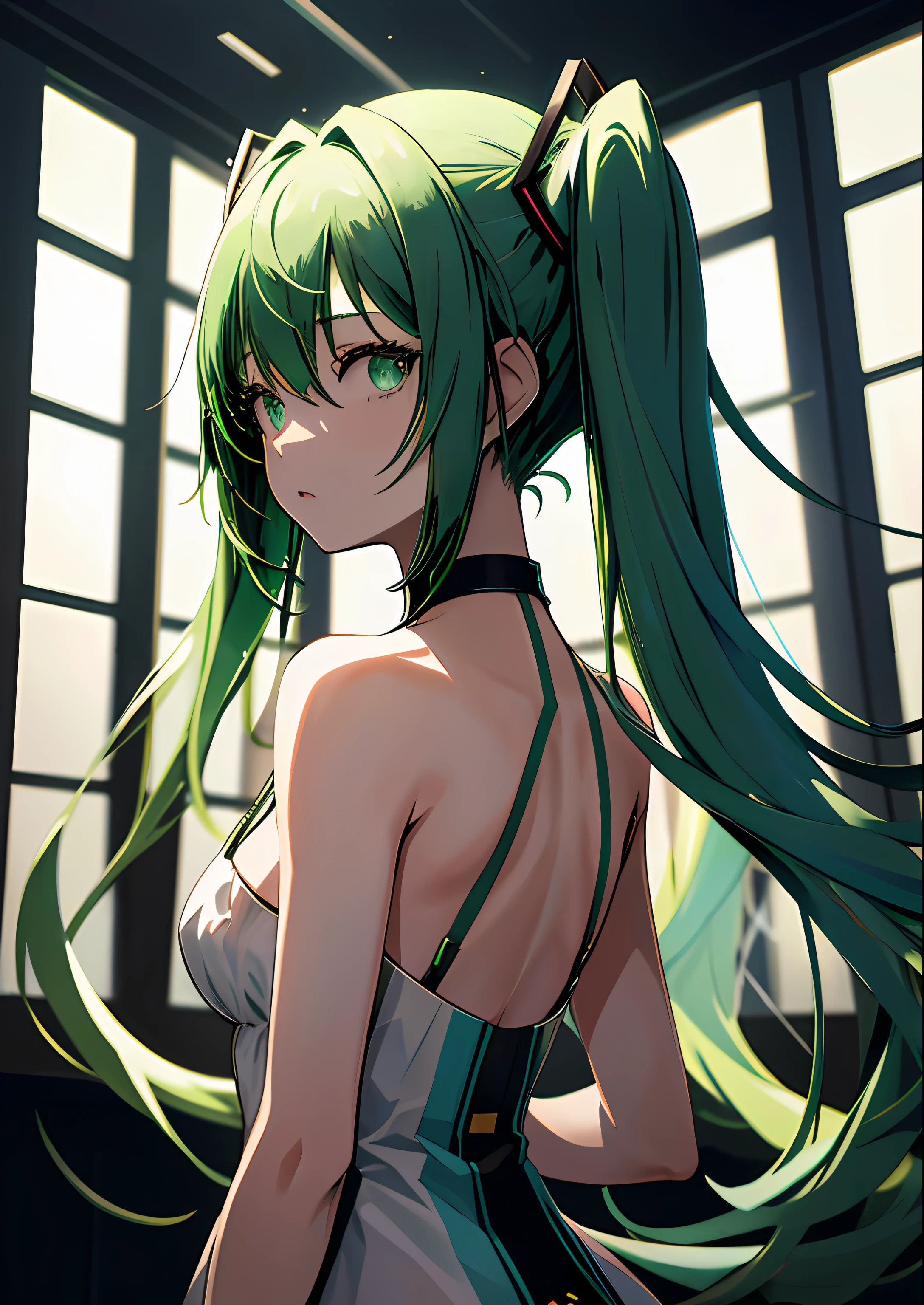 1girl in, Upper body, light green hair, ,miku hatsune,posterior view,Dark look