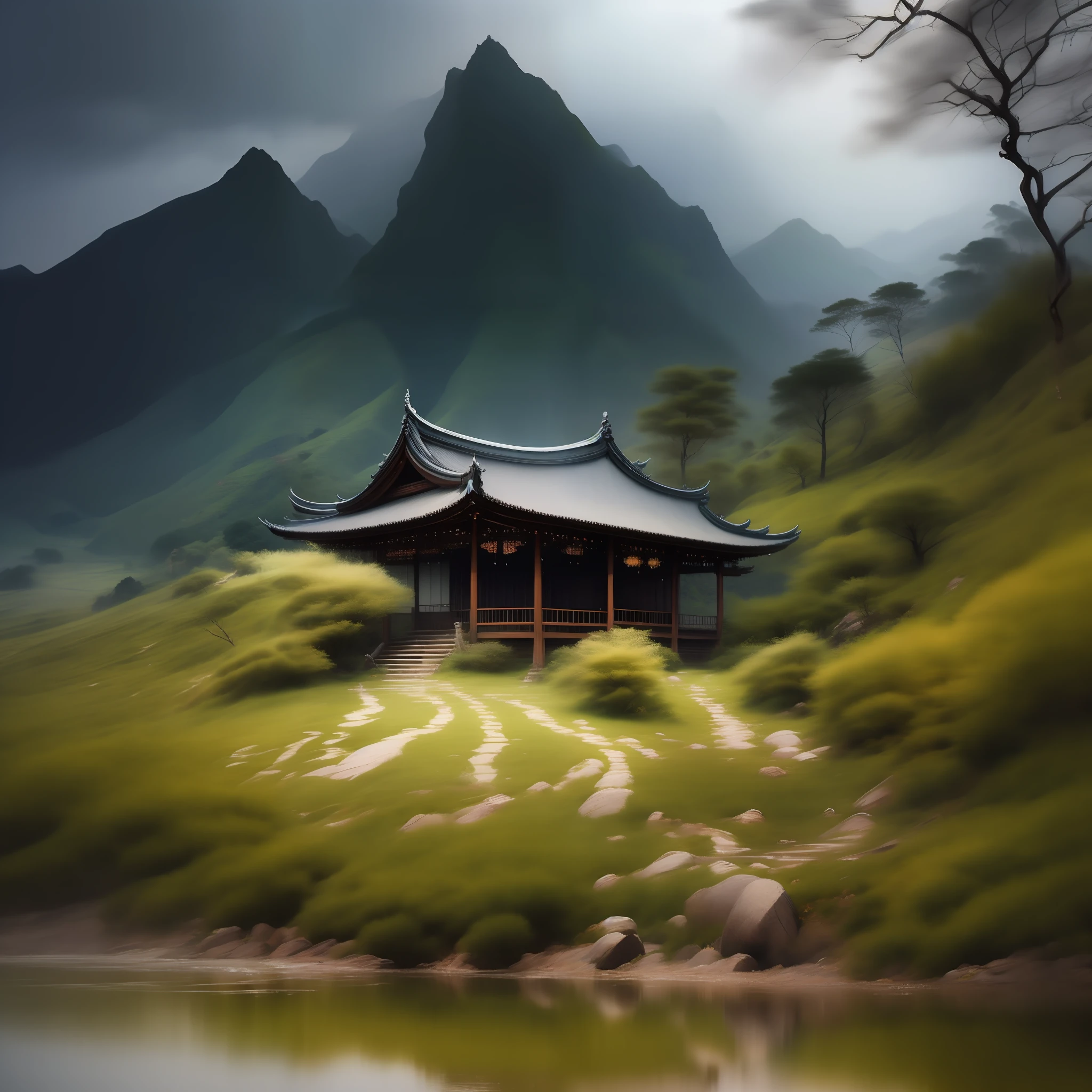 Mountains and mountains，夏天，Mountains, rocks, forests, and seas，Smoke and rain Gangnam，Pavilion Palace，Rain is everywhere，Clouds fluttering，Photorealsitic，Wonderland is ethereal，Chinese classical，Magnificent palace，