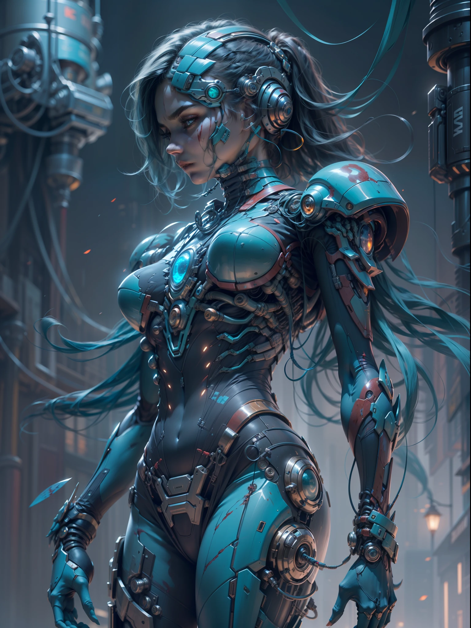 1mechanical girl,((ultra realistic details)), portrait, detailed face,global illumination, shadows, octane render, 8k, ultra sharp,metal,intricate, ornaments detailed, cold colors, egypician detail, highly intricate details, realistic light, trending on cgsociety, glowing eyes, facing camera, neon details, machanical limbs,blood vessels connected to tubes,mechanical cervial attaching to neck,wires and cables connecting to head,blood,killing machine,metroid, holding weapon, blue bodysuit, spaceship background