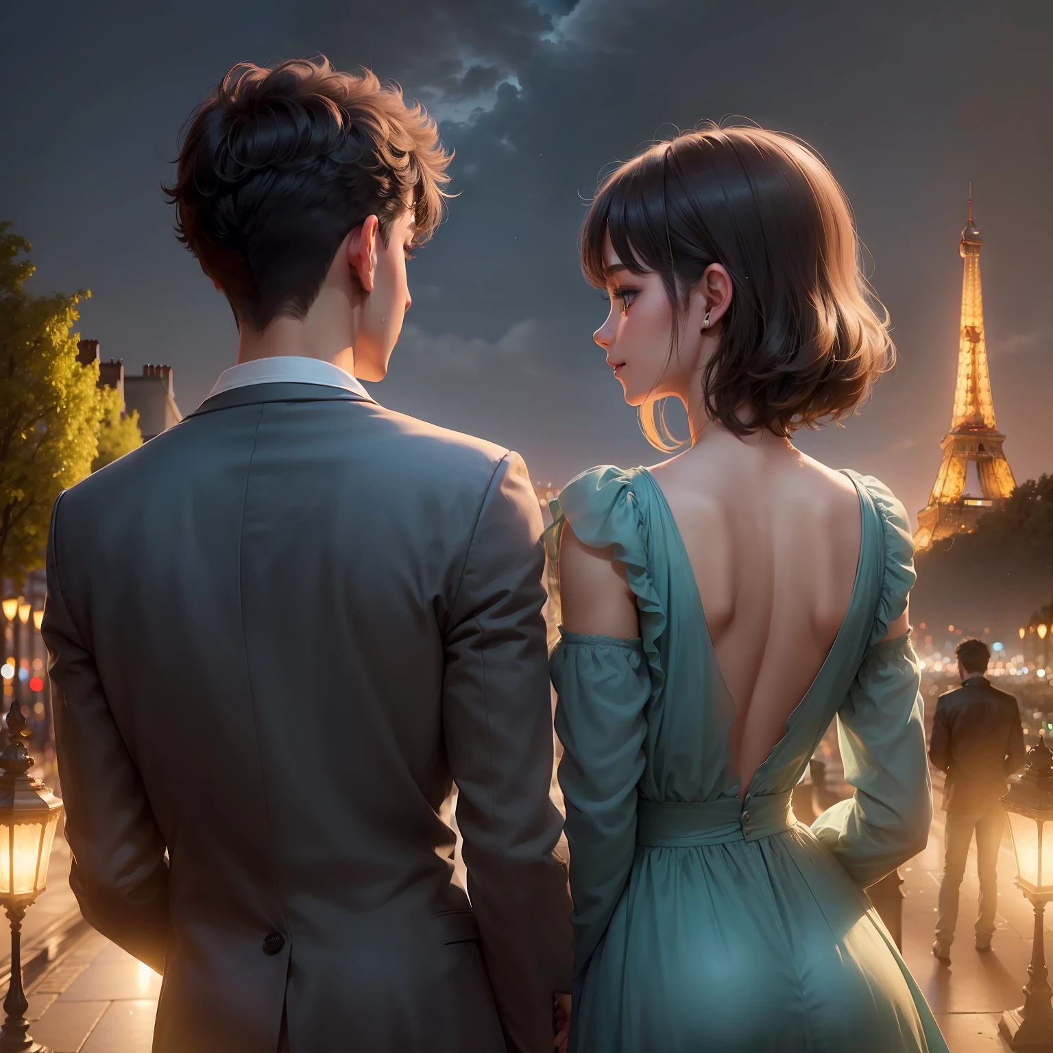 (((a boy and a beautiful girl in their twenties))),(in night paris), in love, romance, (Everyone Smiling), (Dreamland), (Beautiful Sky),(Gentle Wind),(More Greenery),(Less People: 0.8),(((back shot)))