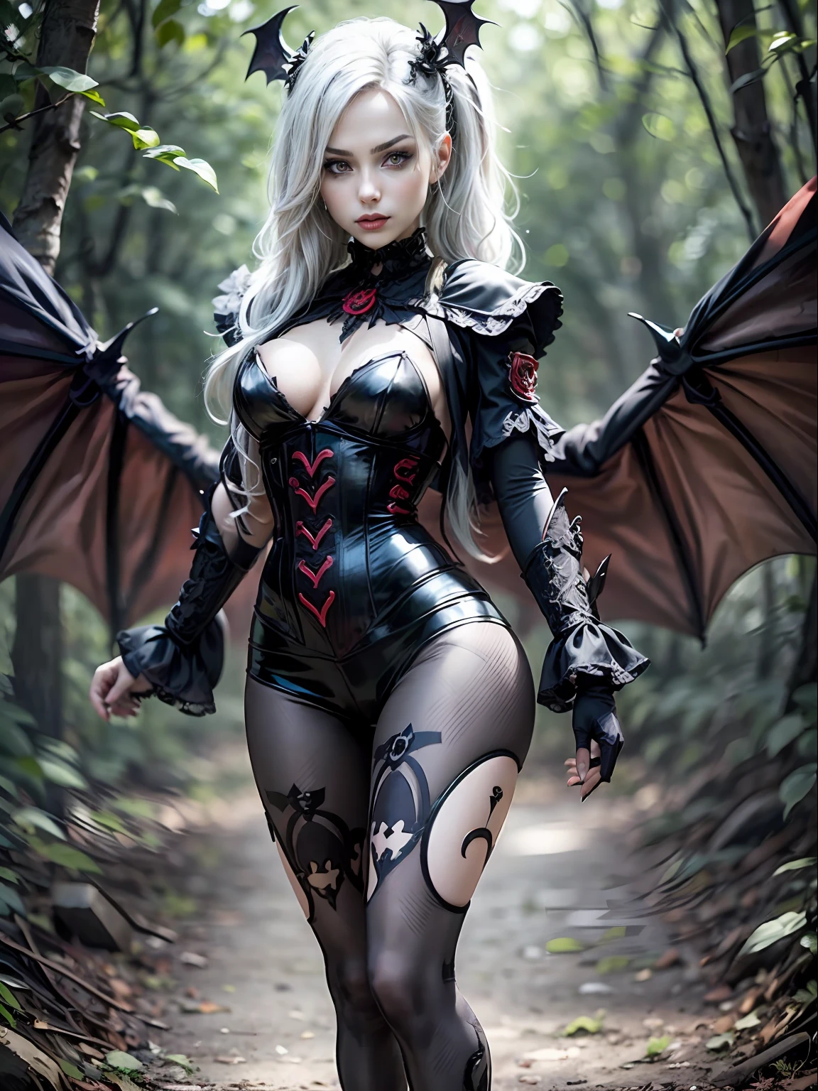 Medium photo, full body, sharp focus, girl in focus (Best illustration), platinum hair with a black bat-wing clip with red on top, rosy white skin, Degree  8k resolution, Intricate Detail, Best Quality, Realistic, Ultra Detail, Best Light, Best Shadow, Ultra HD, BREAK A Necromancer,, Dark Magic Aura, Dark Wind  way, Vampire, Bat Wings, (flaming red eyes: 1.6), BREAK masterpiece, high_res, Pretty face, tyndall effect, photo realistic, (high detail skin: 1.2), 8k uhd,  dslr, high quality, Photo, high resolution, (extremely detailed), 8k, Bokeh, medium bust BREAK, goofy, twisted ponytail, best ratio four fingers and one thumb  , (field background in the distance is a forest), tall, mature body