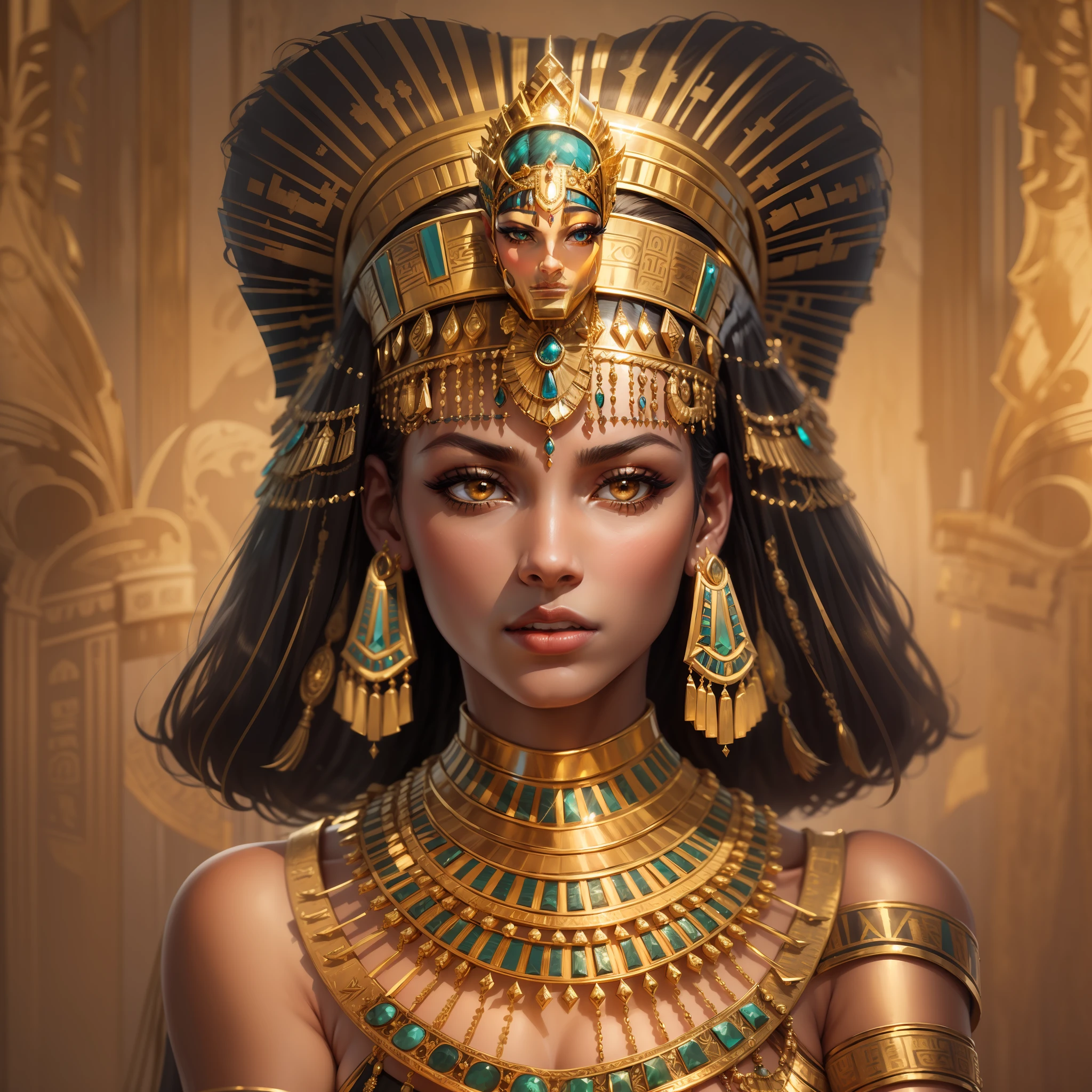 In an illustrative style fit for a queen, create a majestic portrait of Cleopatra, the Egyptian pharaoh, adorned in opulent gold jewelry. Let her gaze exude power and wisdom as she wears an intricate headdress encrusted with dazzling gemstones, and her neck adorned with luxurious gold necklaces. Bring to life the allure of ancient Egypt in this regal portrayal