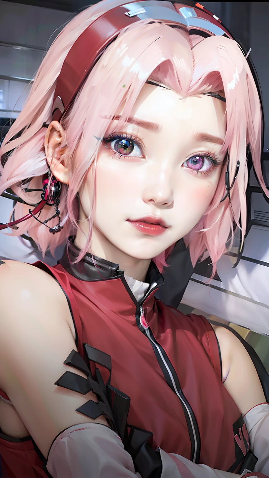 1girl, haruno sakura, pink hair, red clothes, green eyes, realistic, ultra detail