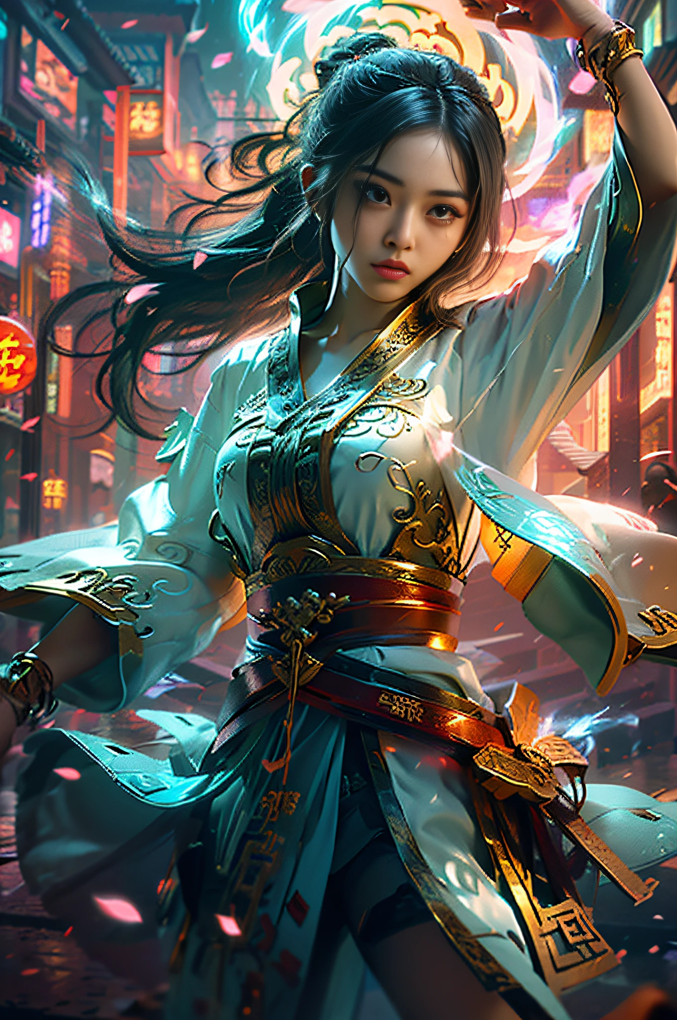 Dramatic sky, blue lightning Style: masterpiece, best quality, 8k, sharp focus, realistic, (detailed)), (around the flame, around the halo) ((dynamic pose)), ((good highlights), (perfect proportions), (dynamic), (complex), (complementary colors), good perspective, ****ung Chinese girl with a short sword in her hand, dancing forward and floating out petals,