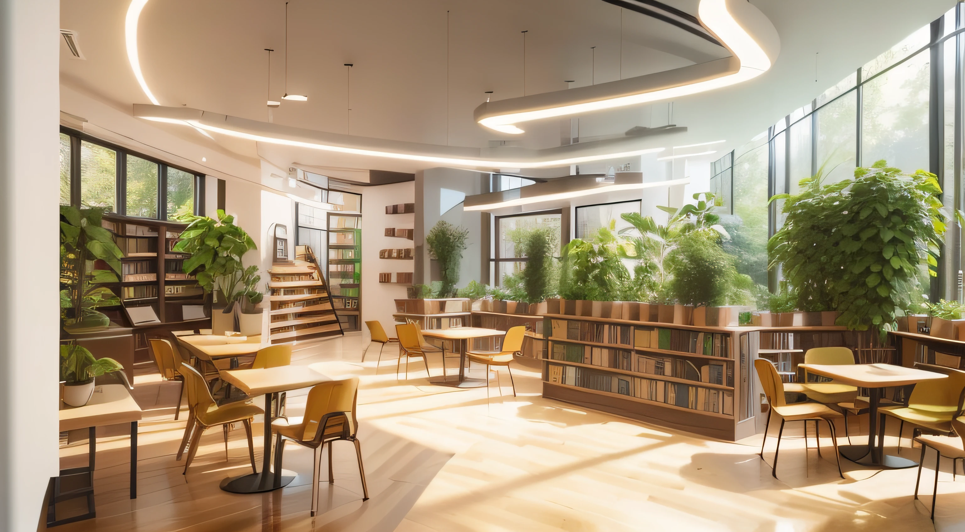 A corner of a coffee shop，There are a lot of bookshelves，There are various books on it，Pleasant and comfortable environment，It is decorated with green plants，Like in the forest