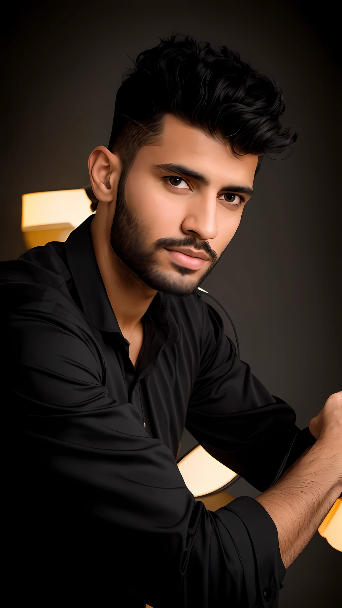 arafed man with a beard and a black shirt holding a remote control, portrait shot 8 k, high quality portrait, edited in photoshop, handsome stunning realistic, male model, mohamed chahin style, realism artstyle, handsome male, with lovely look, handsome and attractive, attractive and good looking, portait photo profile picture, profile portrait