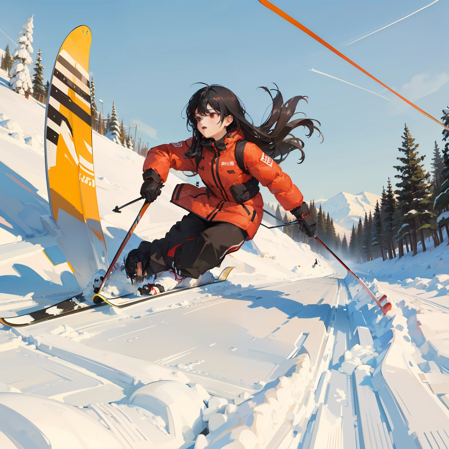 masterpiece、hightquality、vivd colour、(((Long Black Hair)))、(((Red Ski Wear)))、(((skiing)))、(((Dynamic)))、Clean your keyboard