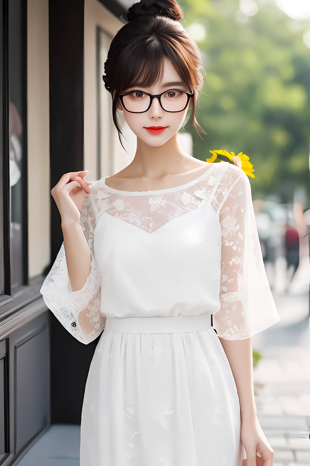 a woman in a white dress posing for a picture， best qualtiy， tmasterpiece， 超高分辨率， cowboy lens， （realisticlying：1.4）， RAW photogr， offcial art， （详细的脸， Detailed eyes）， blusher\（putting makeup on\）， Red Eyeshadow， Small smile， beautifullegs， Tall women， being thin， slim_legs， thigh_gap， （a matural female））， 独奏， brunette color hair， florals， realisticlying， looking at viewert， 黑The eye， （Women's clothing）， yellowflower， The upper part of the body， cparted lips， hair-bun， updo-hairstyle， By bangs， exteriors，wears glasses