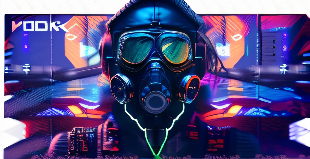 Close-up of a man wearing a gas mask and goggles, Cyberpunk vibe, Dark synthesis waves,cyberpunk artstyle