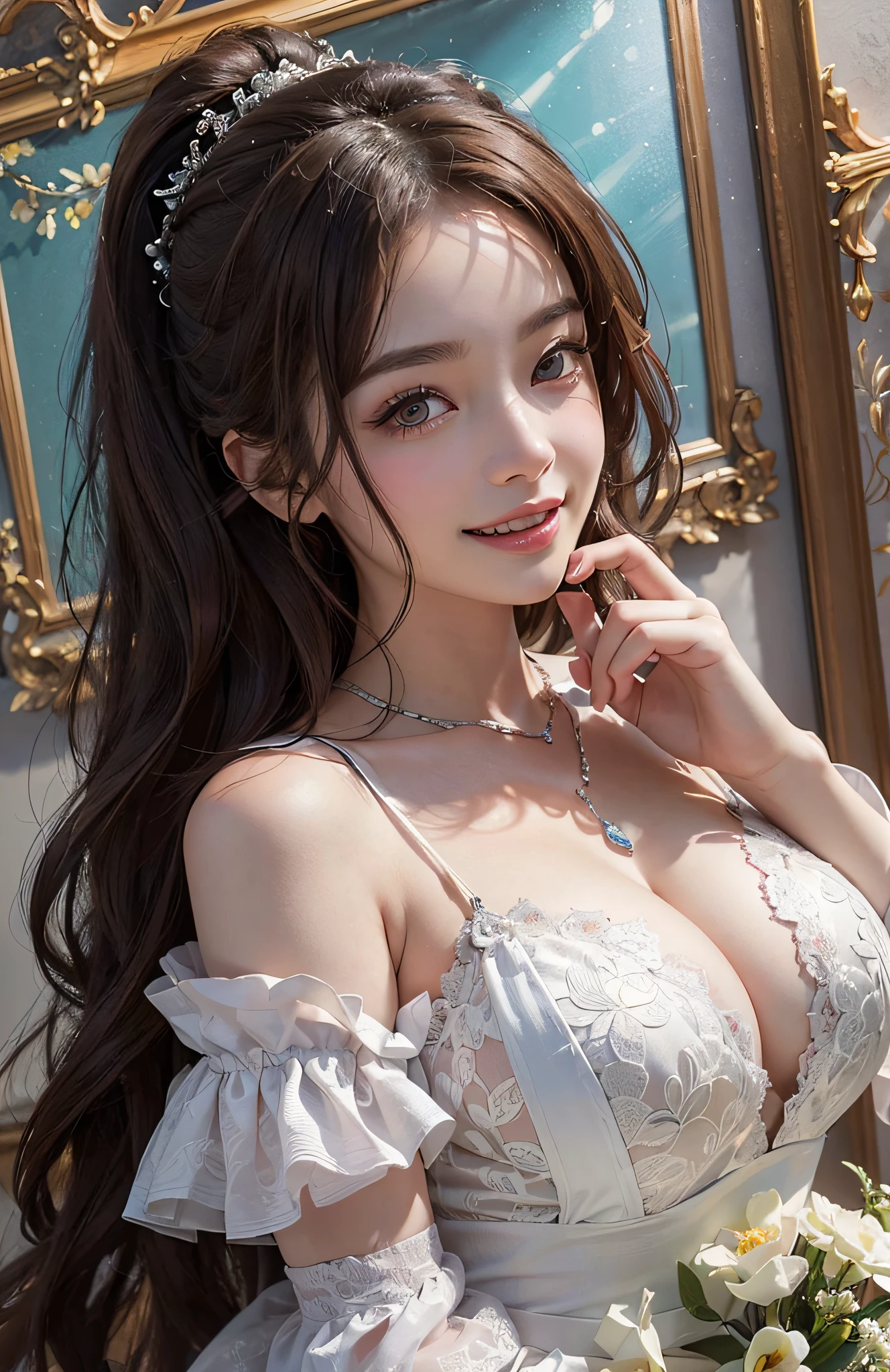 (A hyper-realistic)、(illustratio)、(hight resolution)、(8k picture)、(ighly detailed)、(Best Illustration)、(beautifully detailed eyes)、(top-quality)、(ultra-detailliert)、(masterpiece)、(wall-paper)、(A detailed face)、1 girl in、Viewer's Perspective、full body Esbian、fine detailed、A detailed face、lowkey、pureerosfaceace_v1、Dark eyeliner、bangss、Colossal tits、(32k images、masterpiece)、1girl in、Intricate and detailed wedding dresses、constricted hips、beautiful and long hair of brown color、poneyTail、large full breasts、Brown eyes、a necklace、耳Nipple Ring、skinny thigh、kiss face、Happy smiling face、Beautiful teeth alignment、chies、noble、elegent、hair adornments、Be blessed、