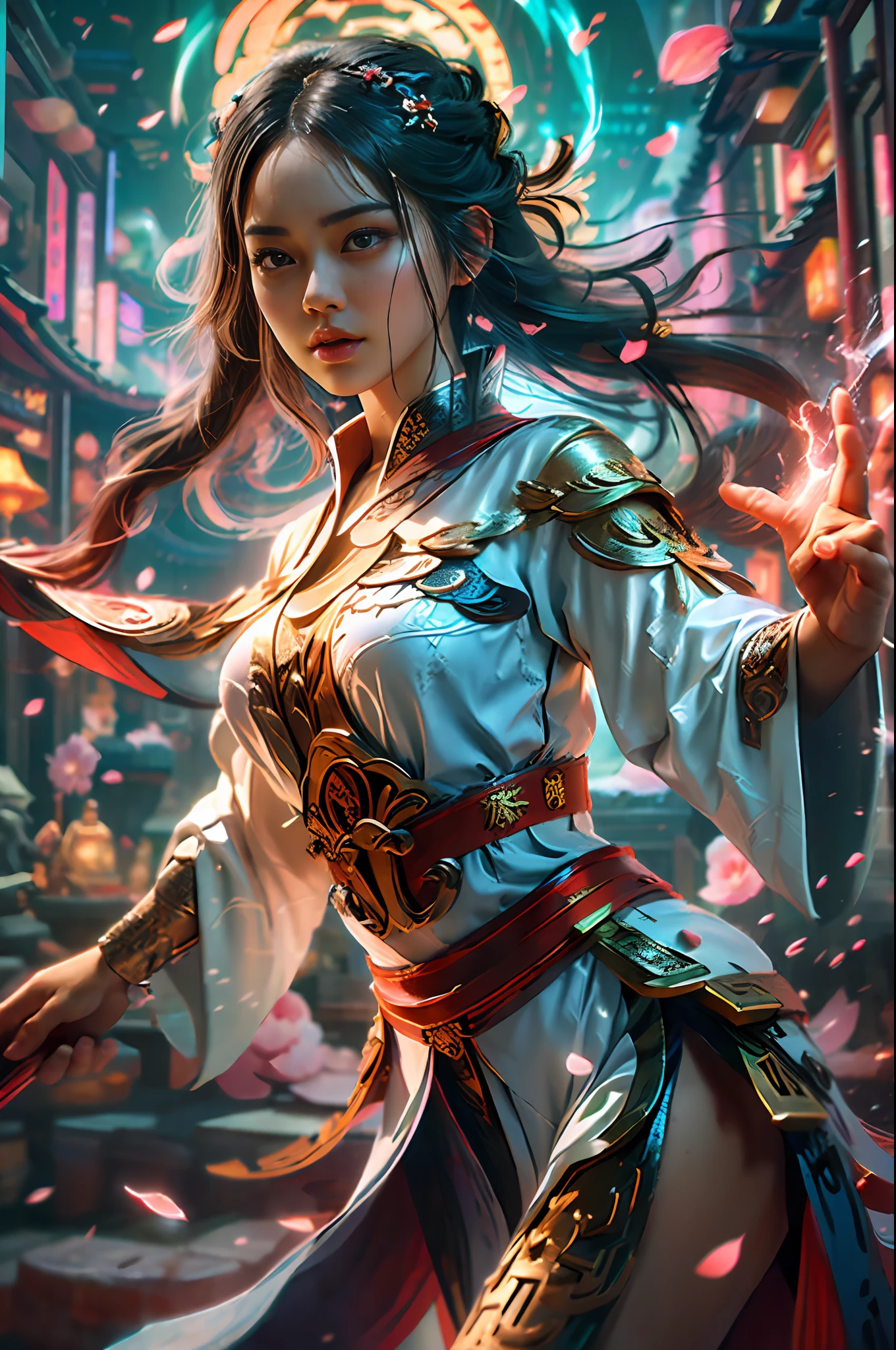 Dramatic sky, blue lightning Style: masterpiece, best quality, 8k, sharp focus, realistic, (detailed)), (around the flame, around the halo) ((dynamic pose)), ((good highlights), (perfect proportions), (dynamic), (complex), (complementary colors), good perspective, ****ung Chinese girl with a short sword in her hand, dancing forward and floating out petals,