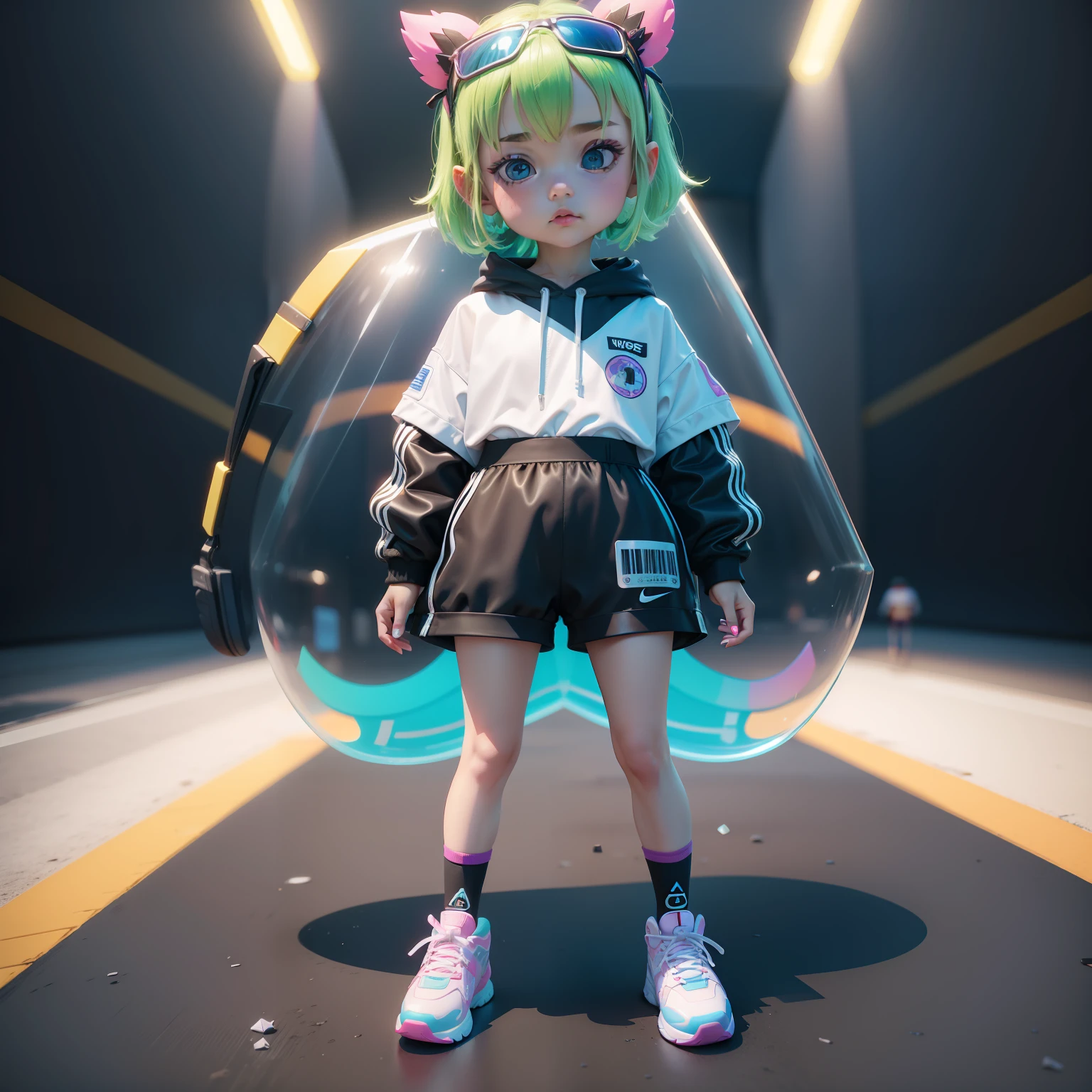 Cute little girl wrapped in transparent plastic, chibi, fluorescent translucent sports fashion trend clothing, wearing big glowing Nike shoes, candy color, simple and bright background, 3D toys, cyberpunk style, cinema4d, octane render, 3d model, collectible toys,Nendoroid,streetstyle,Pixar,big shoes , fashion trends, close-up, full body --ar 3:4 --q 2 50 --niji 5 --niji 5 --s 100 --style expressivelight and shade contrast , ip pop mart blind box ,3d,c4d, oc rendering , ultra high definition , best quality ,8k --s 2