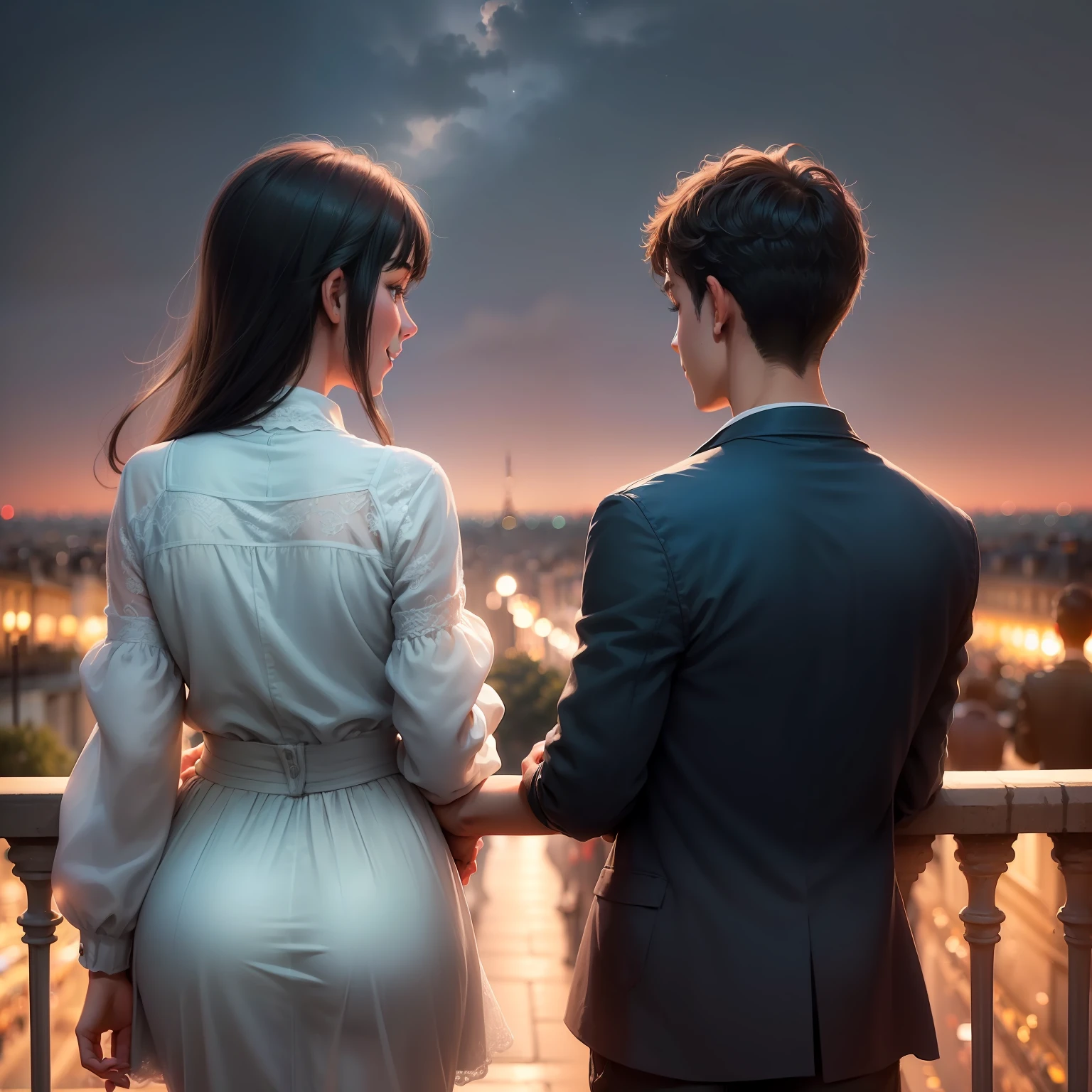 (((a boy and a beautiful girl in their twenties))),(in night paris), in love, romance, (Everyone Smiling), (Dreamland), (Beautiful Sky),(Gentle Wind),(More Greenery),(Less People: 0.8),(((back shot)))