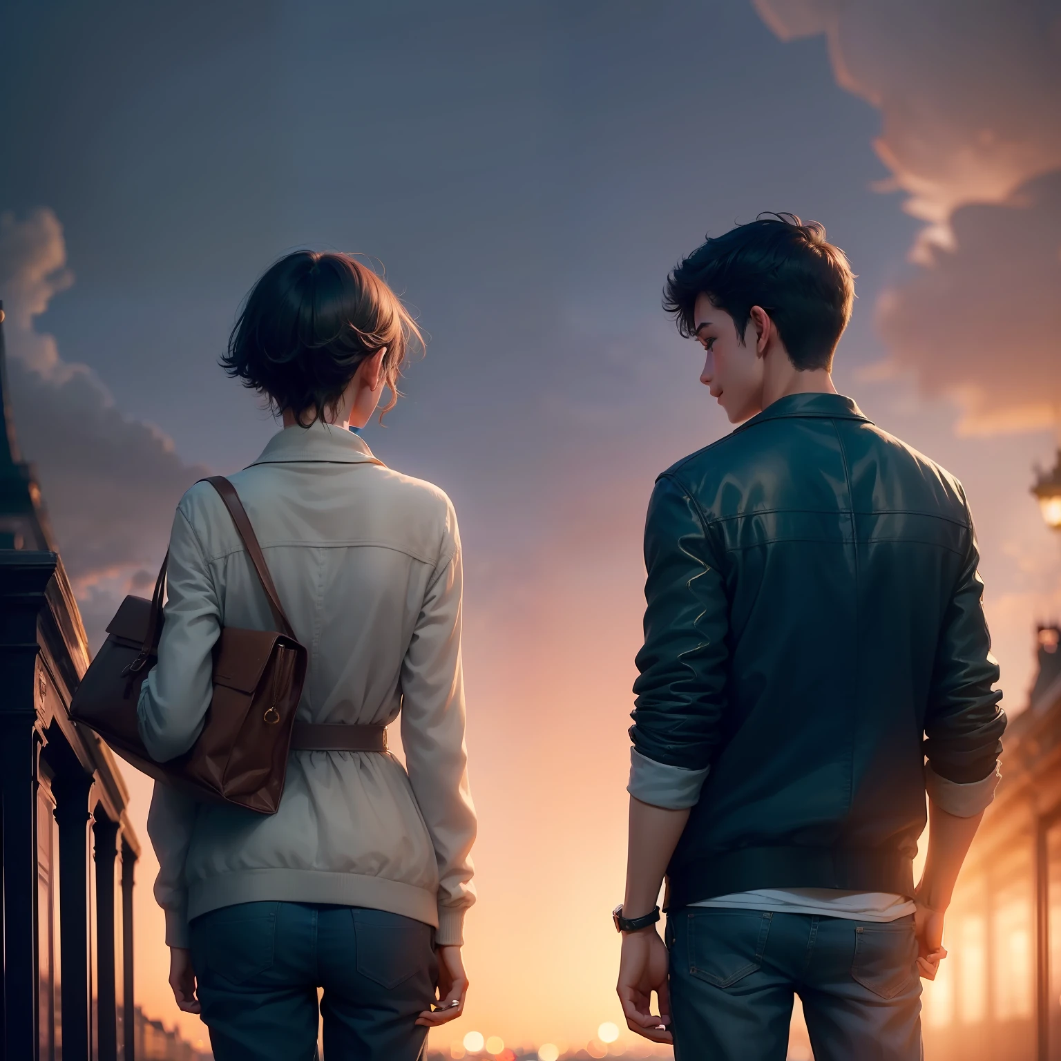 (((a boy and a beautiful girl in their twenties))),(in night paris), in love, romance, (Everyone Smiling), (Dreamland), (Beautiful Sky),(Gentle Wind),(More Greenery),(Less People: 0.8),(((back shot)))