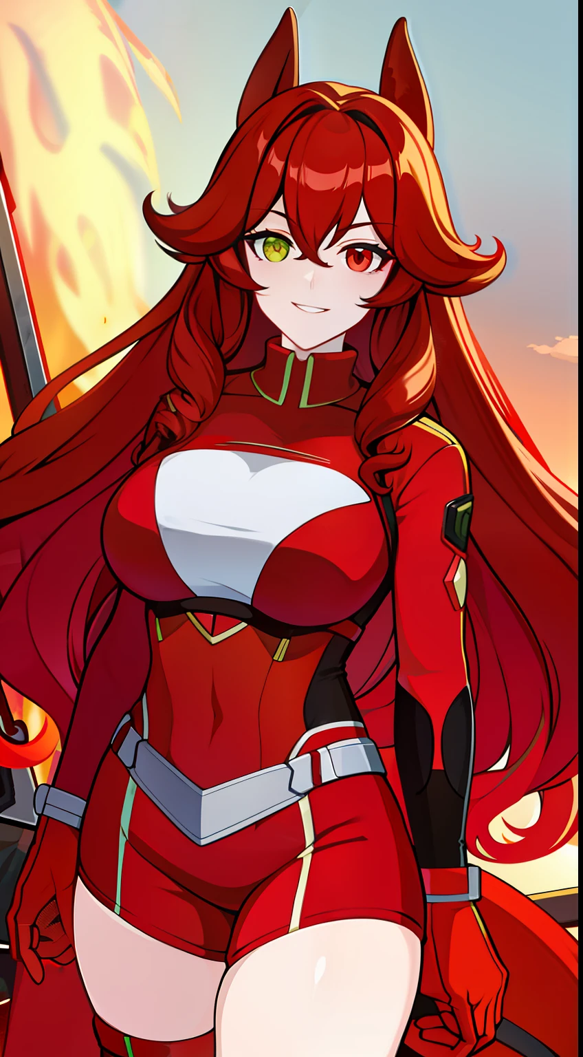 Adult woman, long red curly hair, Heterochromia, red and yellow eyes, fox ears and tails, Superhero Uniform Red, open thighs, ssmile, fire, Masterpiece, hiquality