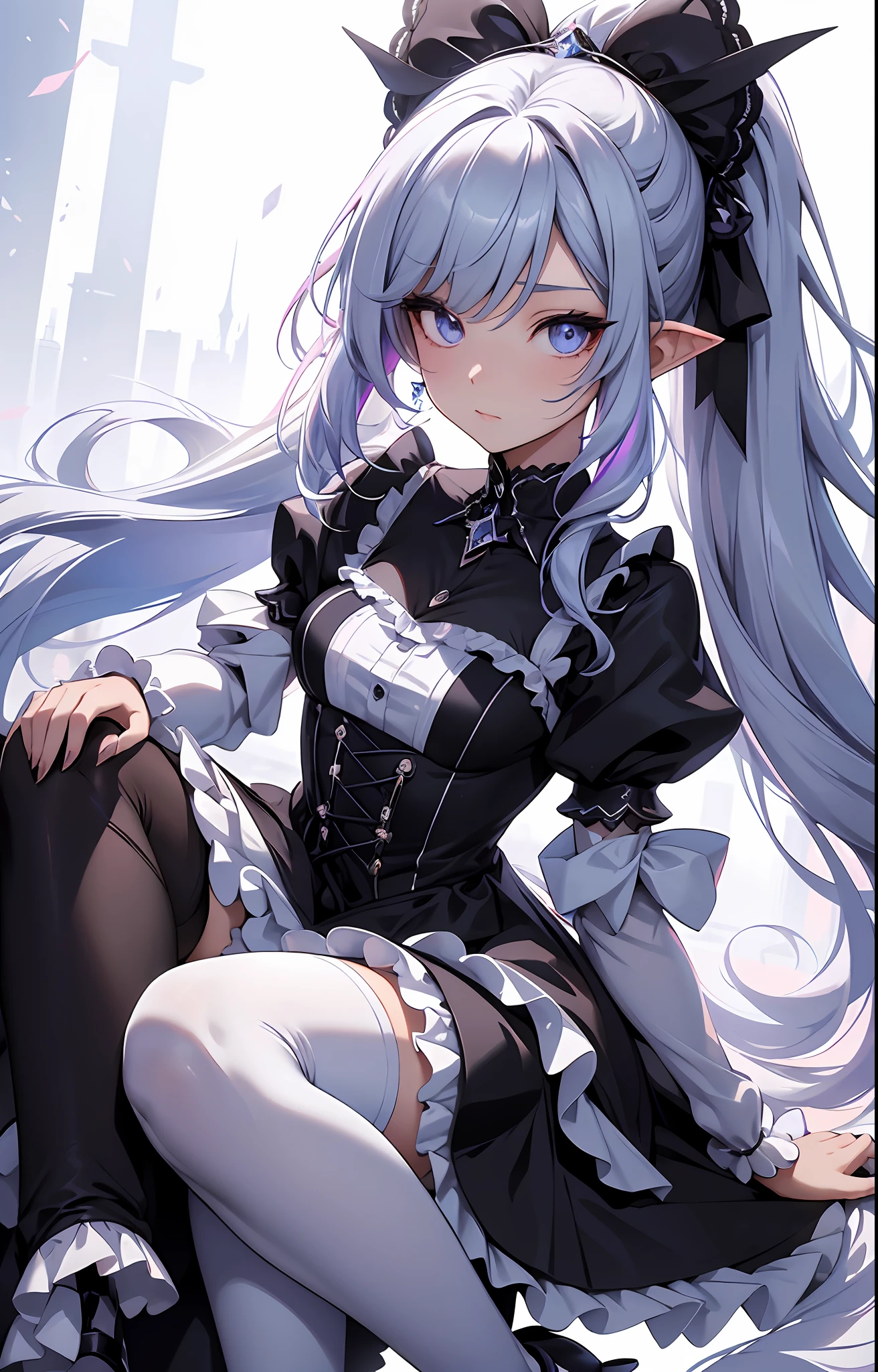 best qualityer,tmasterpiece,Ultimate resolution,downy,Extremely colorful,Colorful,Elven girl,full bodyesbian,Black and white double ponytail,ta long dress, White stockings Long legs,Muffin shoes,closeup of face
