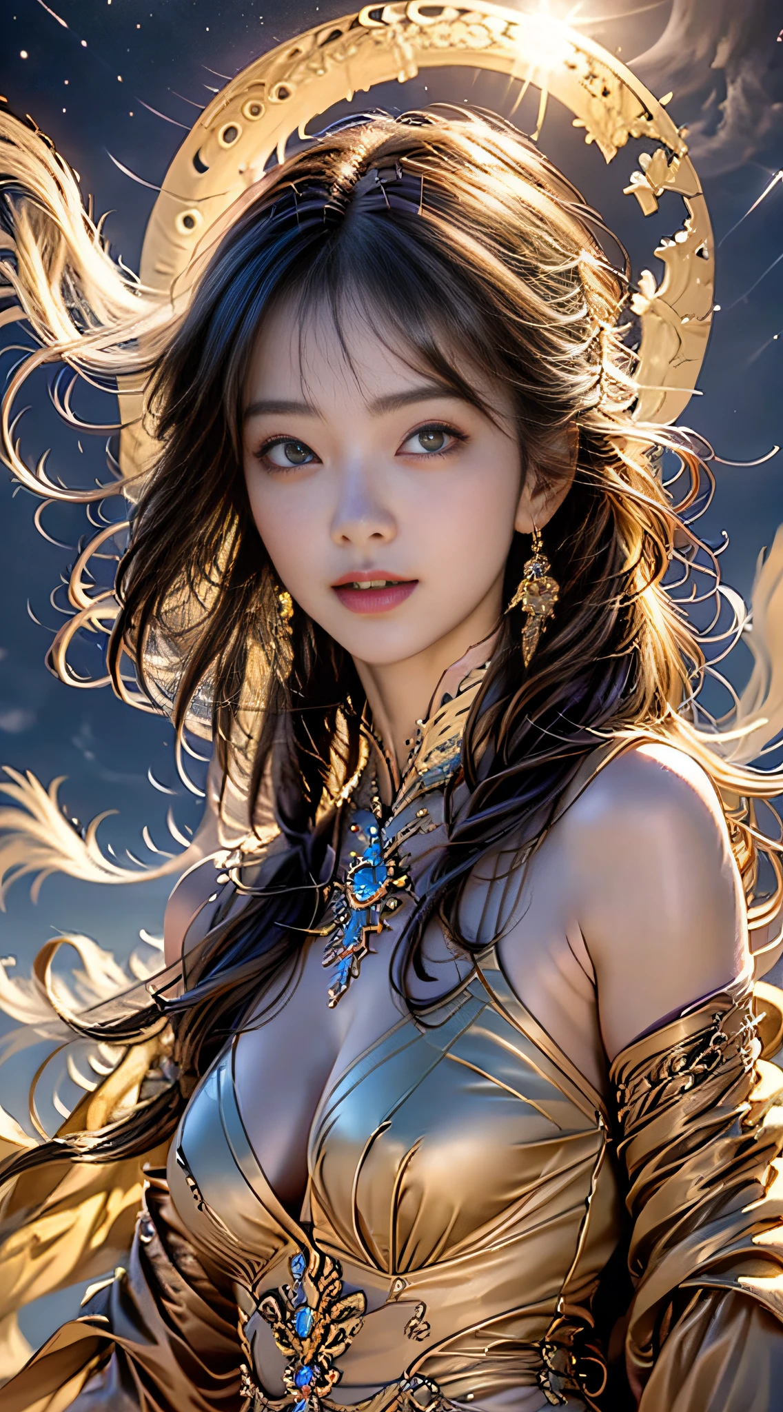 (RAW photo, Best quality), (Realistic, photo-realistic:1.3), offcial art,Extremely detailed,Best quality, Highly detailed, Masterpiece, Ultra-detailed, illustration, 1girll, Gentle smile,The upper part of the body_Body, Dynamic Angle, world mastery theater, Messy_Long_Hair,Best quality, extremely detailed CG unity 8k壁纸,ink,astounding,电影灯光,lens_flare,dunhuang_Style