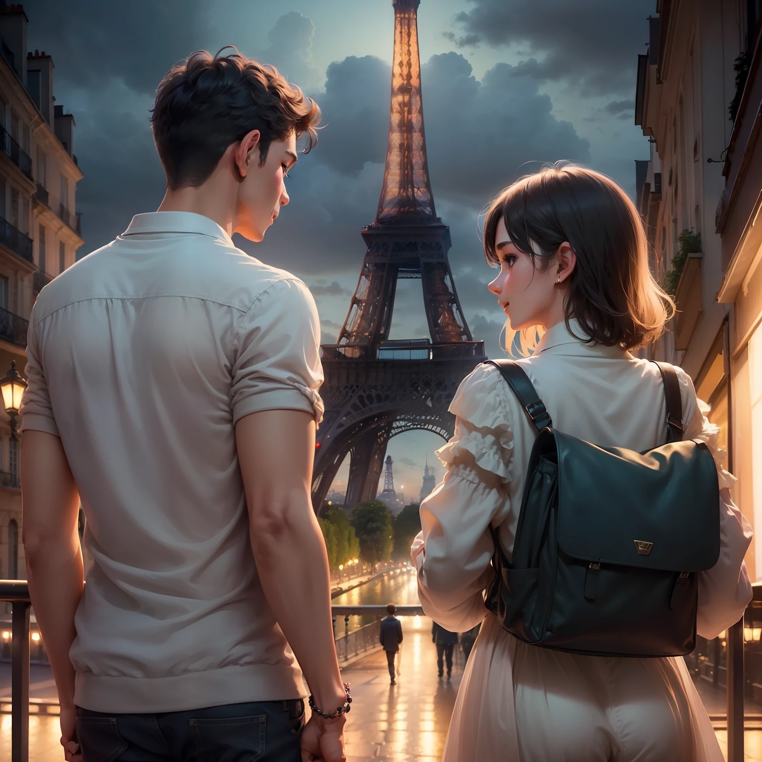 (((a boy and a beautiful girl in their twenties))),(in night paris), in love, romance, (Everyone Smiling), (Dreamland), (Beautiful Sky),(Gentle Wind),(More Greenery),(Less People: 0.8),(((back shot)))