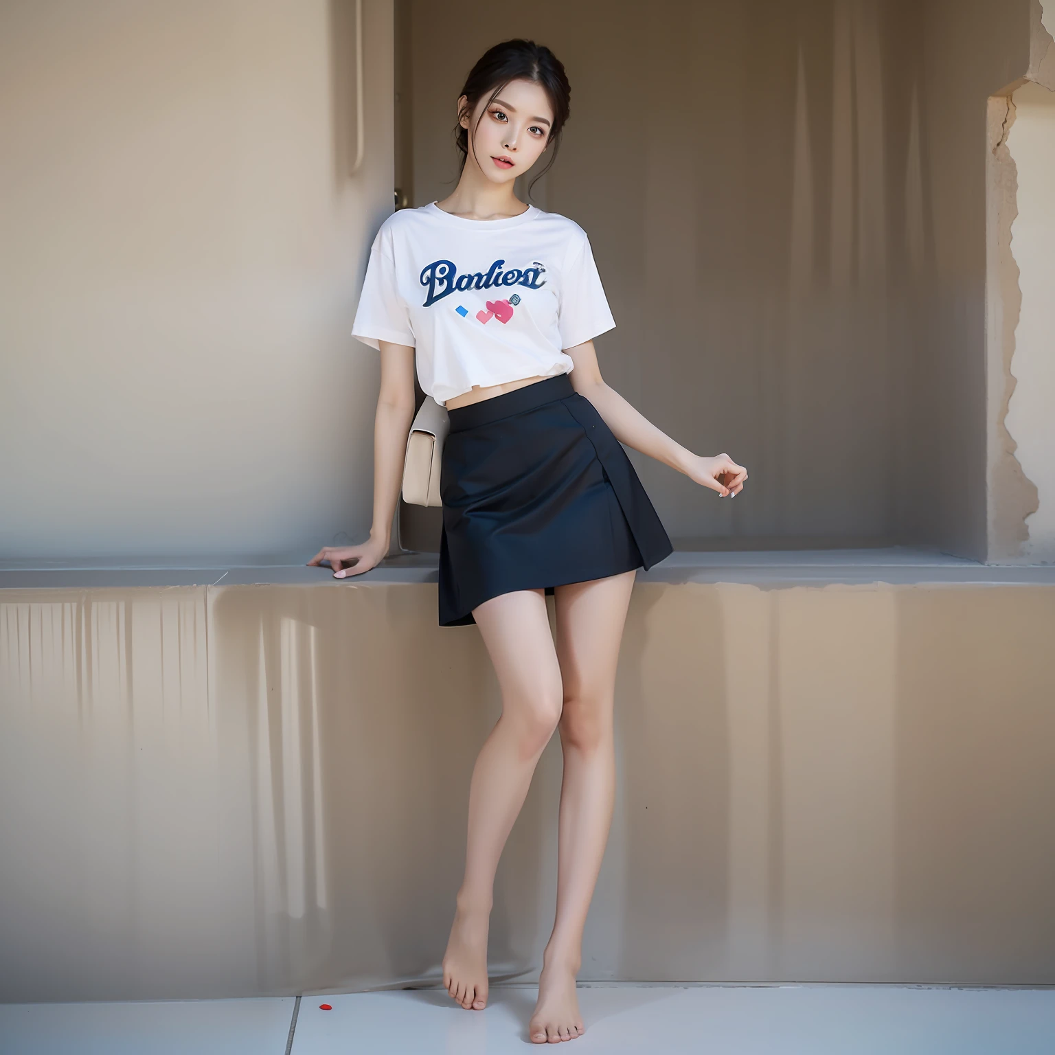 Woman in short T-shirt skirt，Height 1.8 meters，Tall，91 distribution type，Barefoot，Eye makeup，perfect bodies，Amazing
