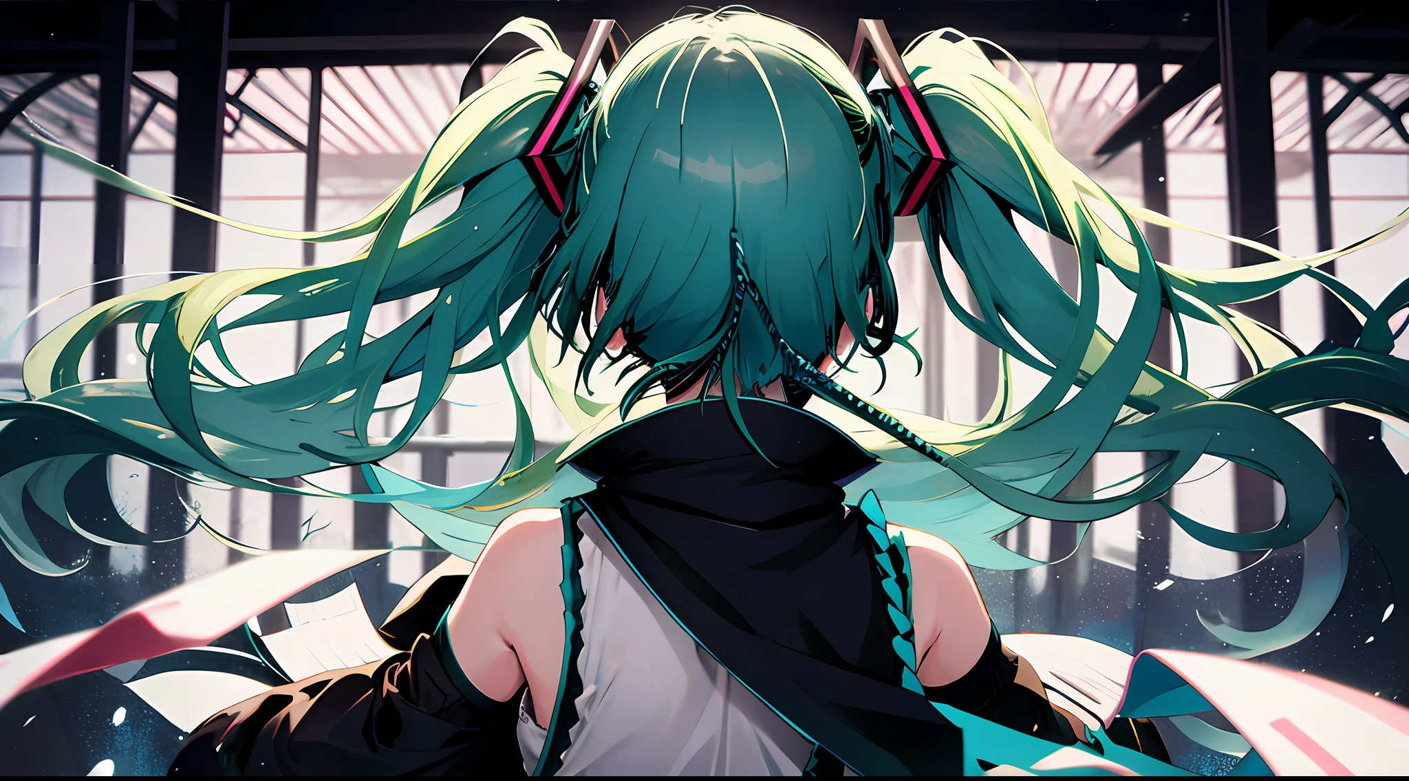 1girl in, Upper body, light green hair, miku hatsune,posterior view,Dark look