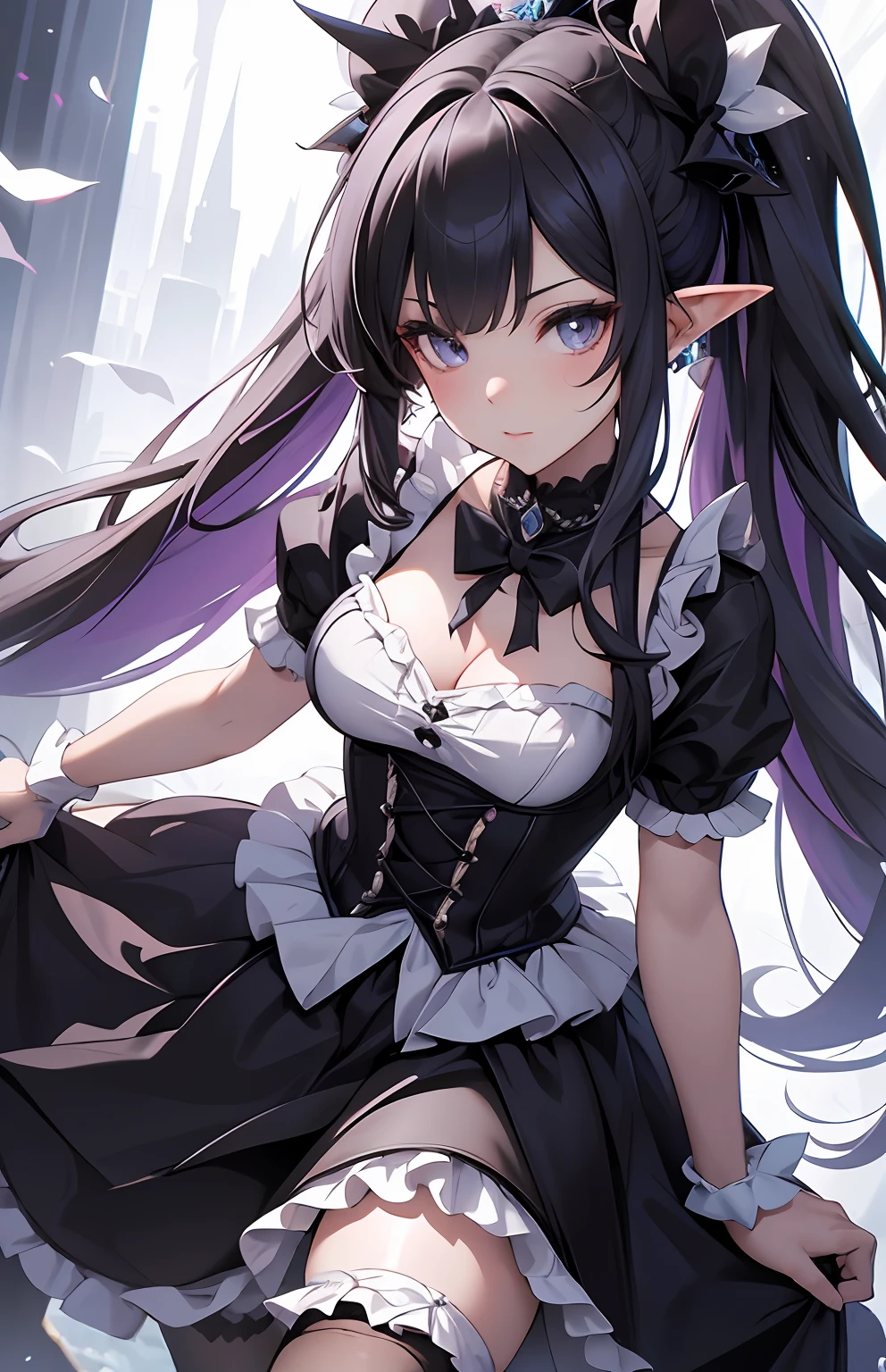 best qualityer，tmasterpiece，Ultimate resolution，downy，Extremely colorful，Colorful，Elven girl，full bodyesbian，Black and white double ponytail，Lolita long dress， Two long legs of white stockings，Muffin shoes，closeup of face