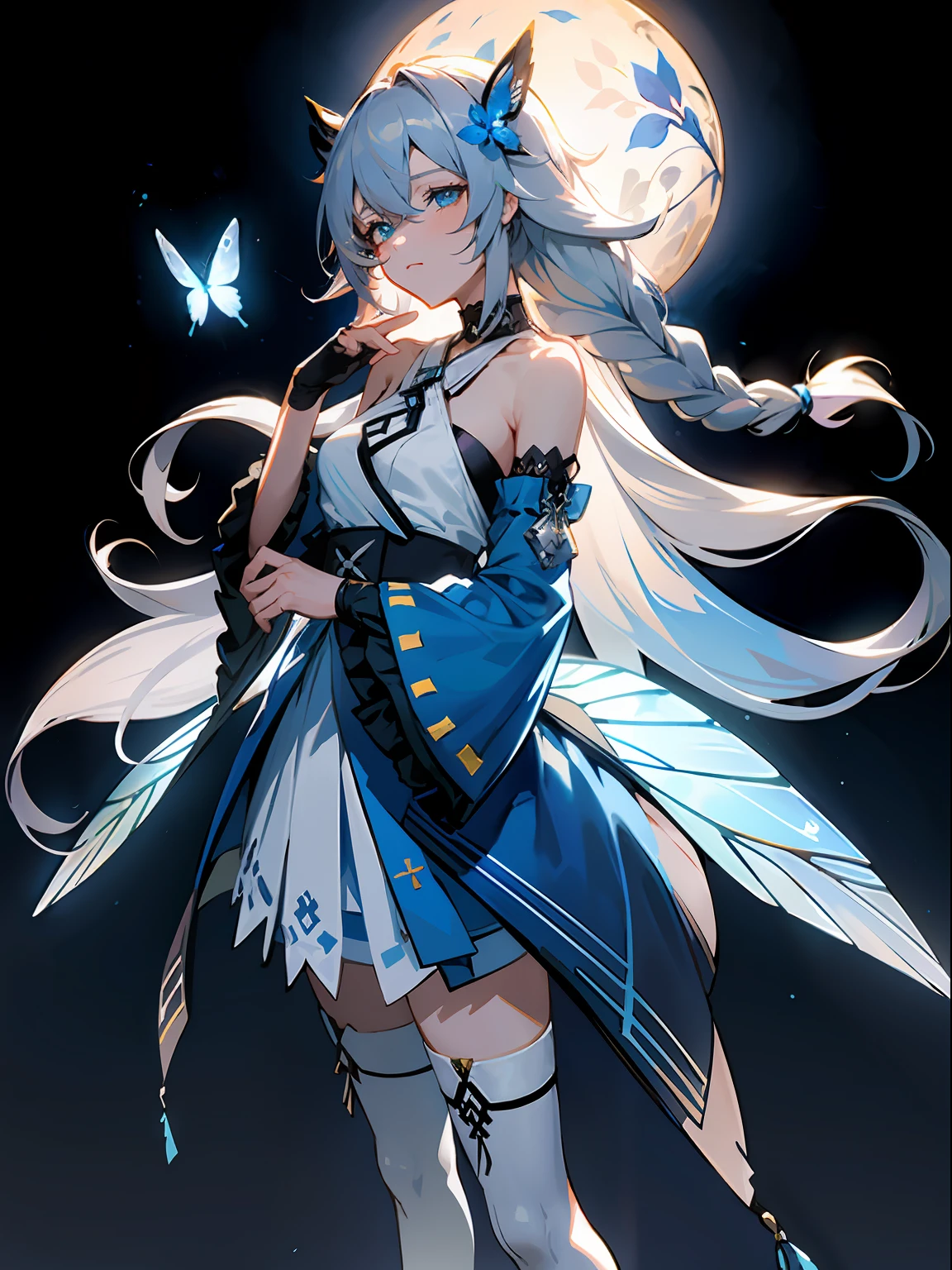 21charturnerv2,charturnbetalora,Shinkai sincerely,Kimi no Nava.,(fantasy:1.4), (azureblueeyes:1.233),Her eyes shone like dreamy stars,(Glowing eyes:1.233),(Beautiful and detailed eyes:1.1),(Silver hair:1.14),(Messy hair,Very long hair,french braid,hair between eye,side locks), (+(bule hair flower:1.14)),(Chiffon dress,bule flower pattern in uniform)/=(army suit:1.24),(Detached sleeves,Wide sleeves),(Fingerless gloves),choker necklace,(miko thighhighs),high heels boots,(Expressionless,Closed mouth),(standing),Dreamy,soul,(Fluorescence),(flying translucent blue butterflies:1.15), [[Delicate fingers and hands:0.55]::0.85],(Detail fingers), sci fi background