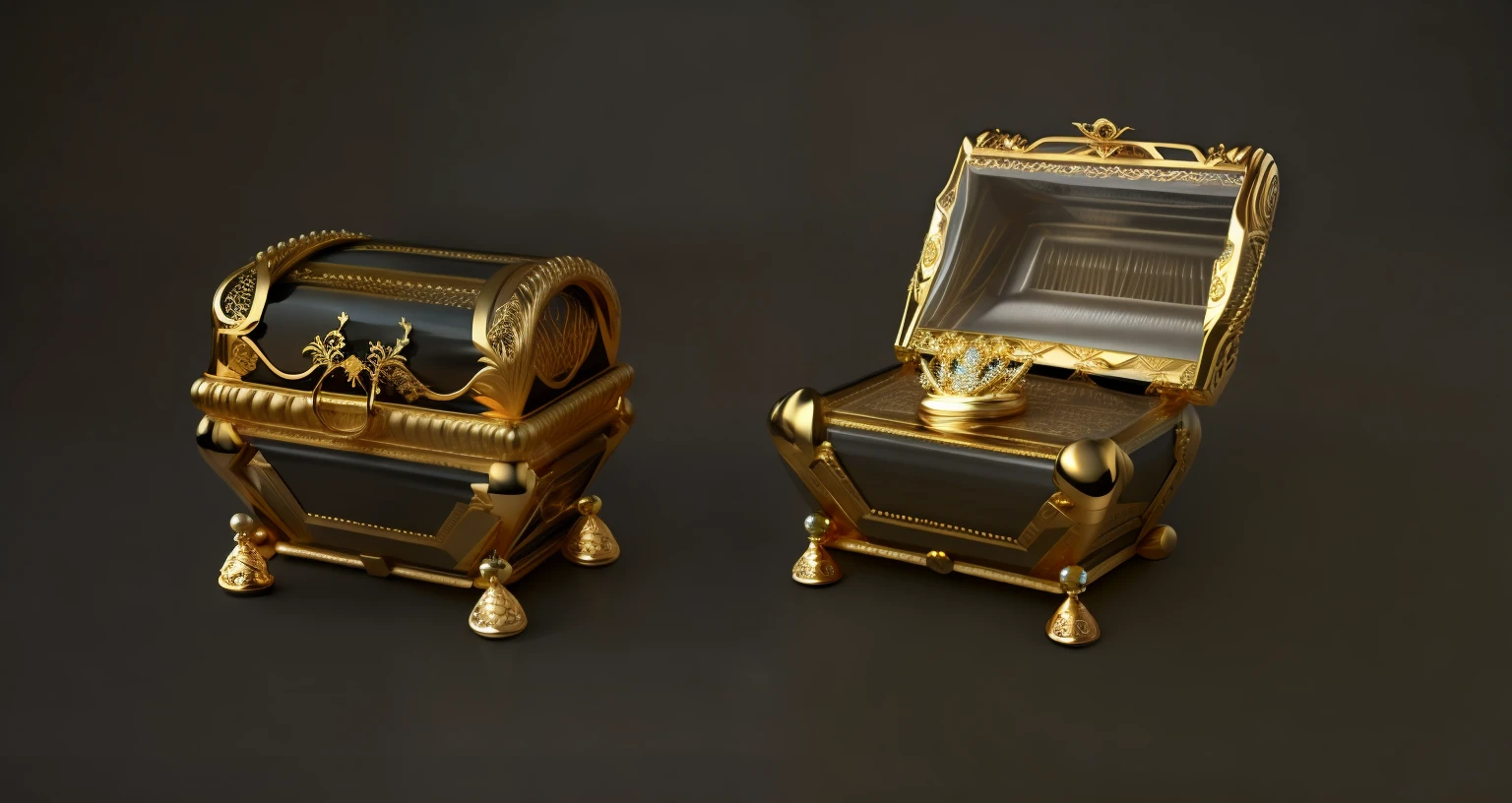 Gold and black background, Gorgeous treasure chest, 16K high-end images, gold trim, Gorgeous gold jewellery, Very luxurious handle, Simple background, All-All Gold,
