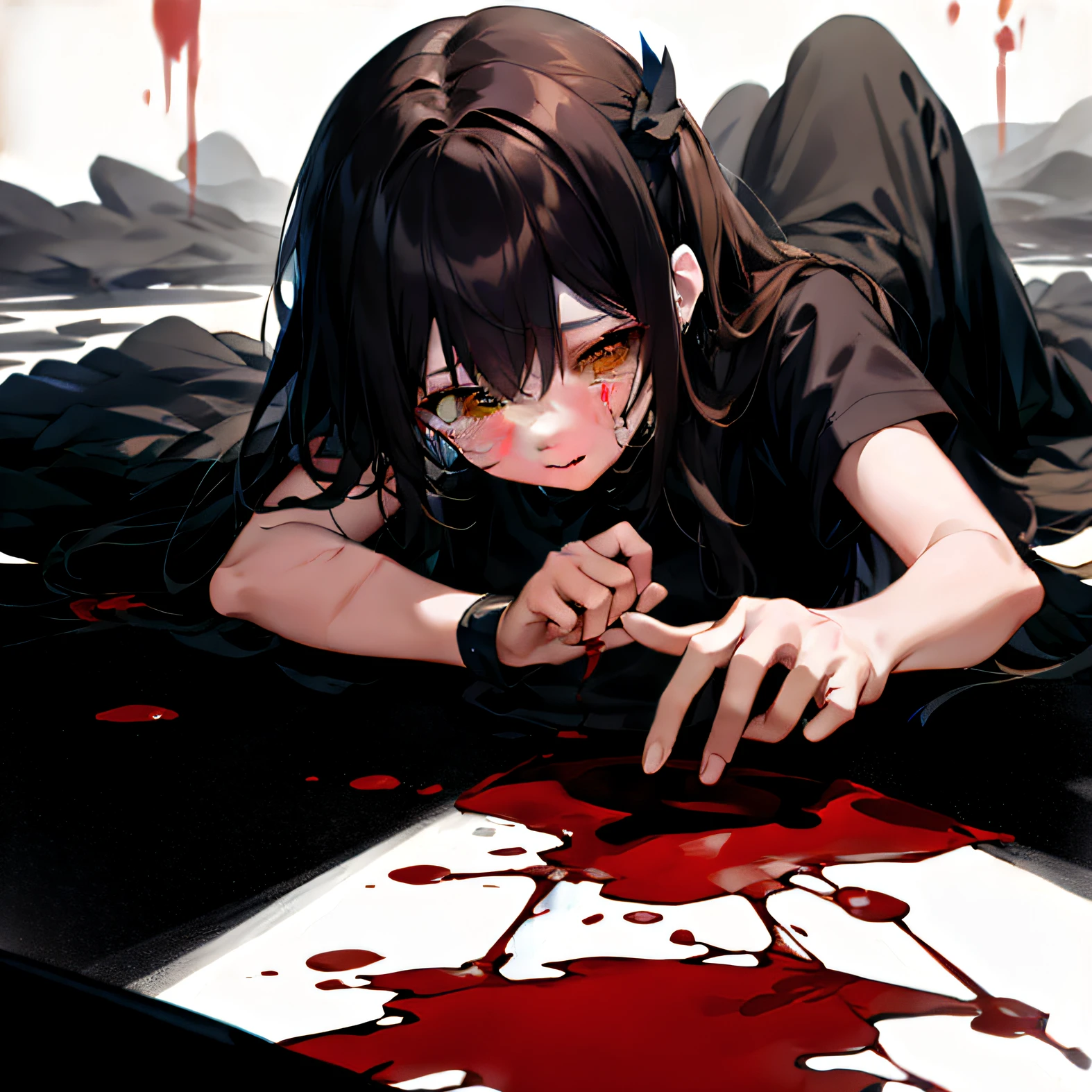 Lying on the ground in pain，Eyes with tears，There was some blood around the perimeter