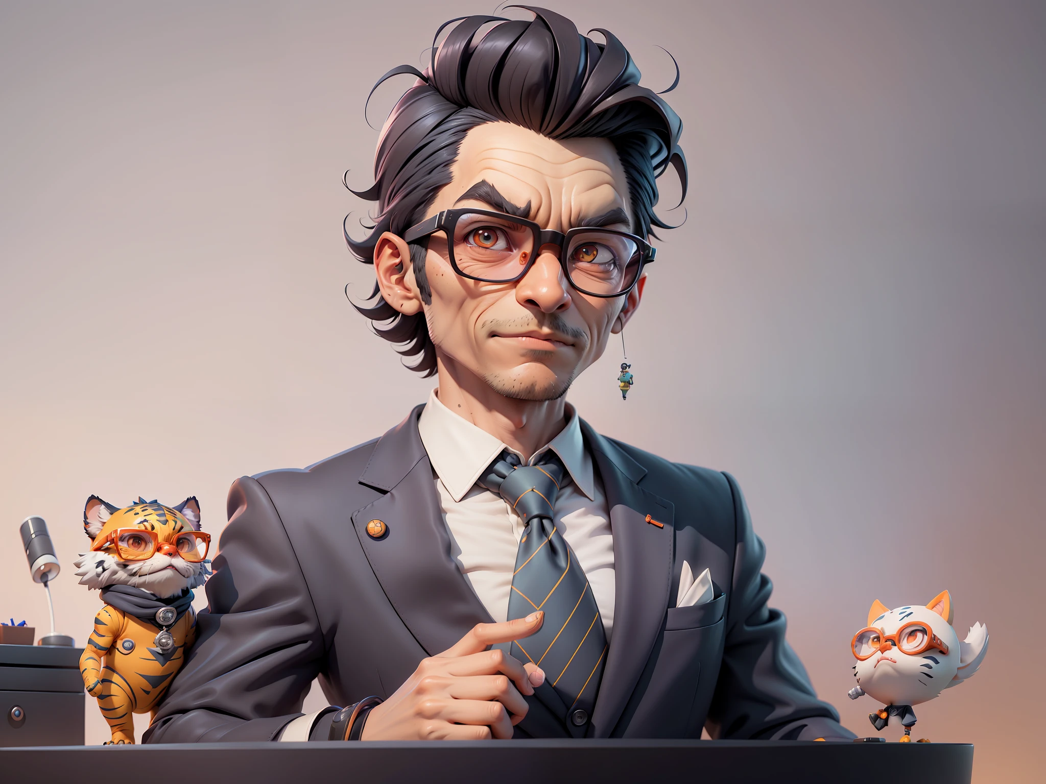 A young man in a suit, Short hair and glasses sat at his desk，holding laptop，digitial painting，tigre，3D character design by Mark Clairen and Pixar and Hayao Miyazaki and Akira Toriyama，4K HD illustration，Very detailed facial features and cartoon-style visuals。