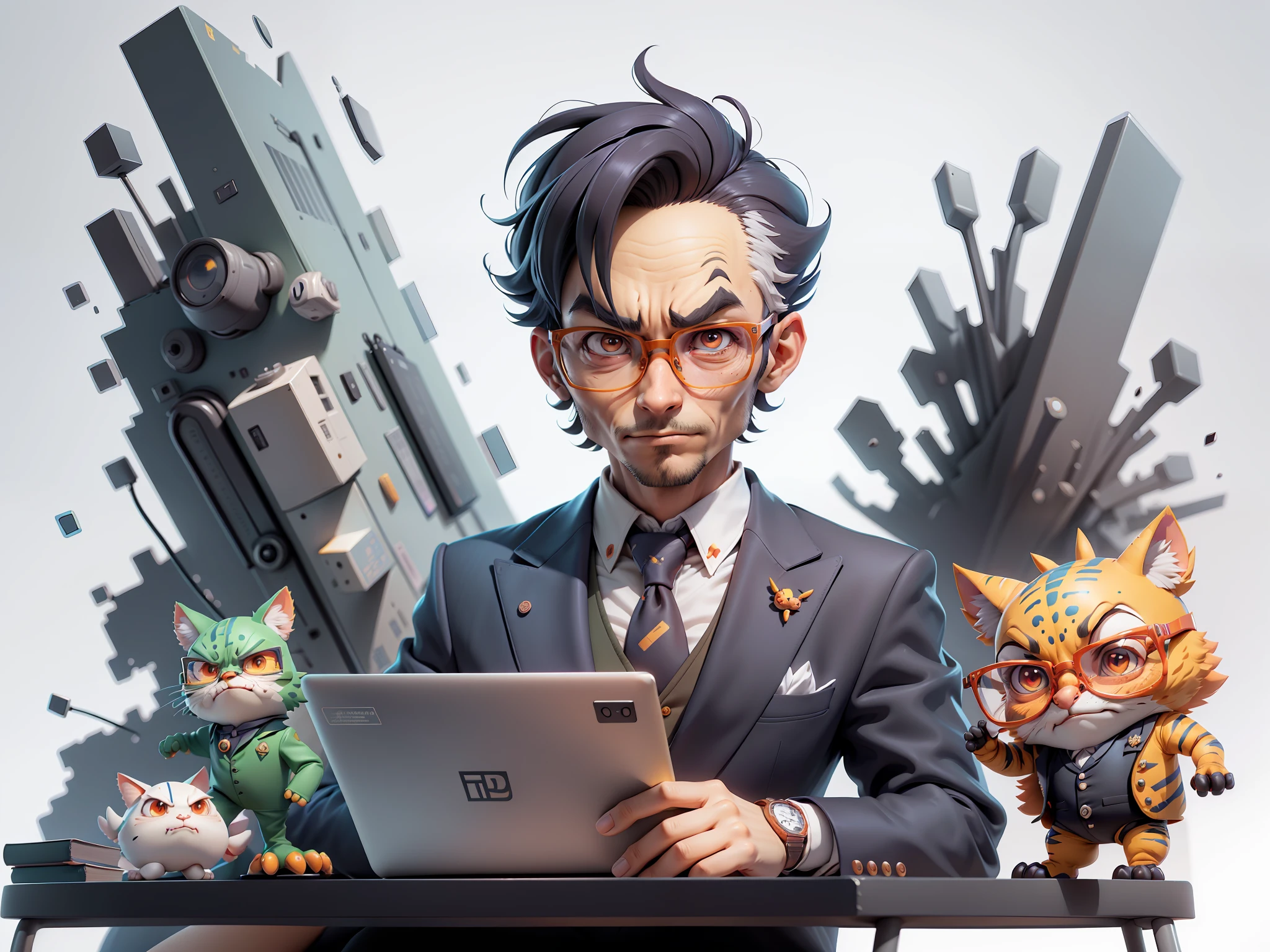 A young man in a suit, Short hair and glasses sat at his desk，holding laptop，digitial painting，tigre，3D character design by Mark Clairen and Pixar and Hayao Miyazaki and Akira Toriyama，4K HD illustration，Very detailed facial features and cartoon-style visuals。
