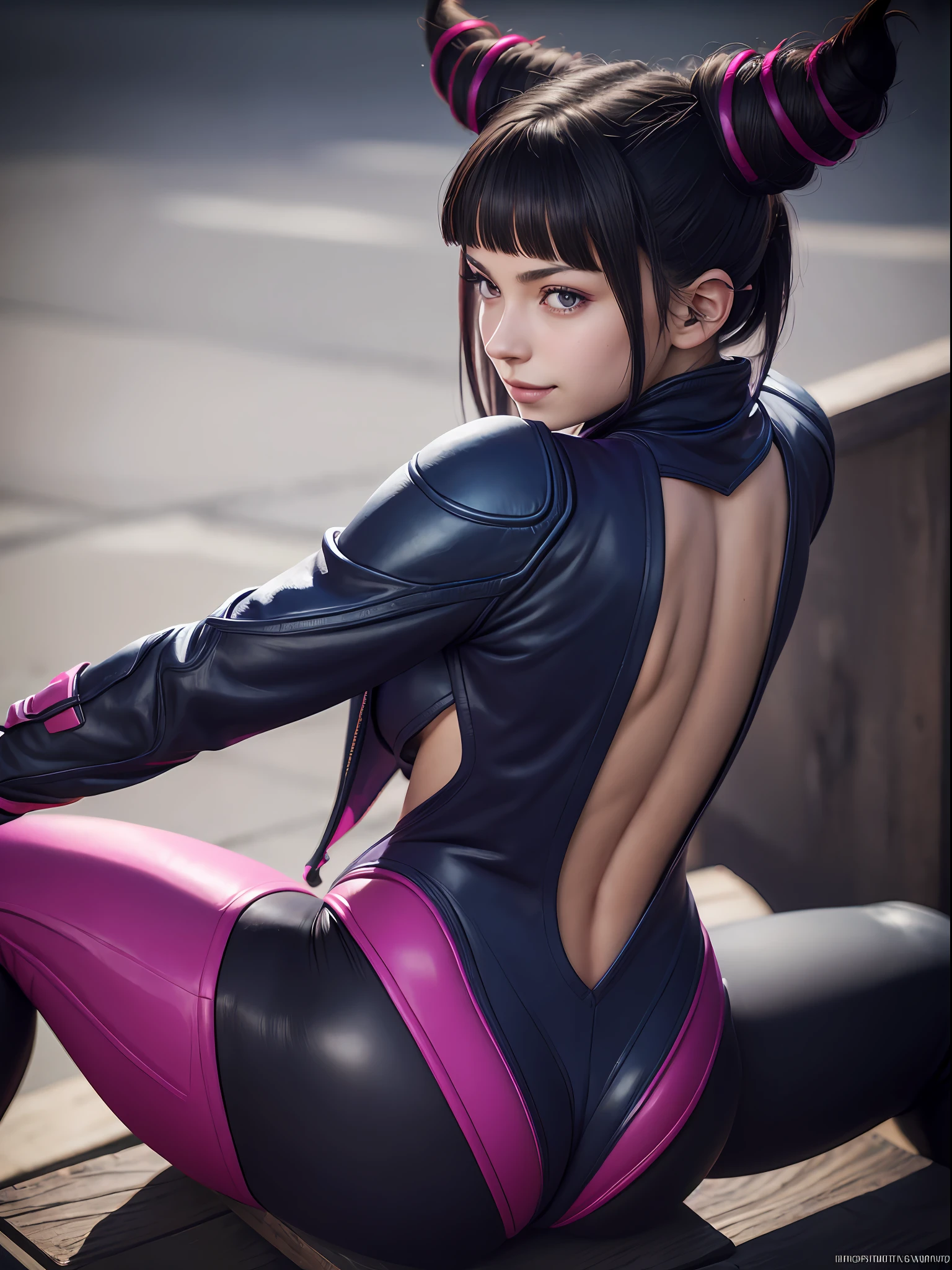 jurims, sfv, hair horns, seductive smile, (masterpiece, best quality:1.4), (sitting:1.1), full body, (from behind), (1girl), solo, detailed background, depth of field, volumetric lighting, sharp focus, absurdres, realistic proportions, good anatomy, (realistic, hyperrealistic:1.4), 16k hdr,