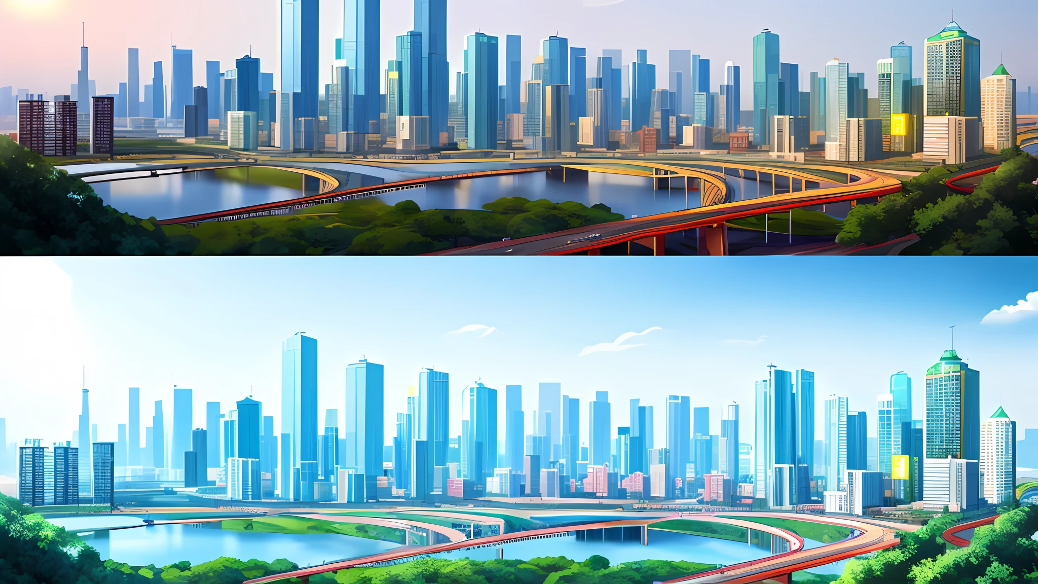 Image scale 5:1。The city of the future。Vector illustration style。The city on the left is relatively dilapidated。The city on the right is green and high-tech。The yellow part increases。Cancel the prospect。