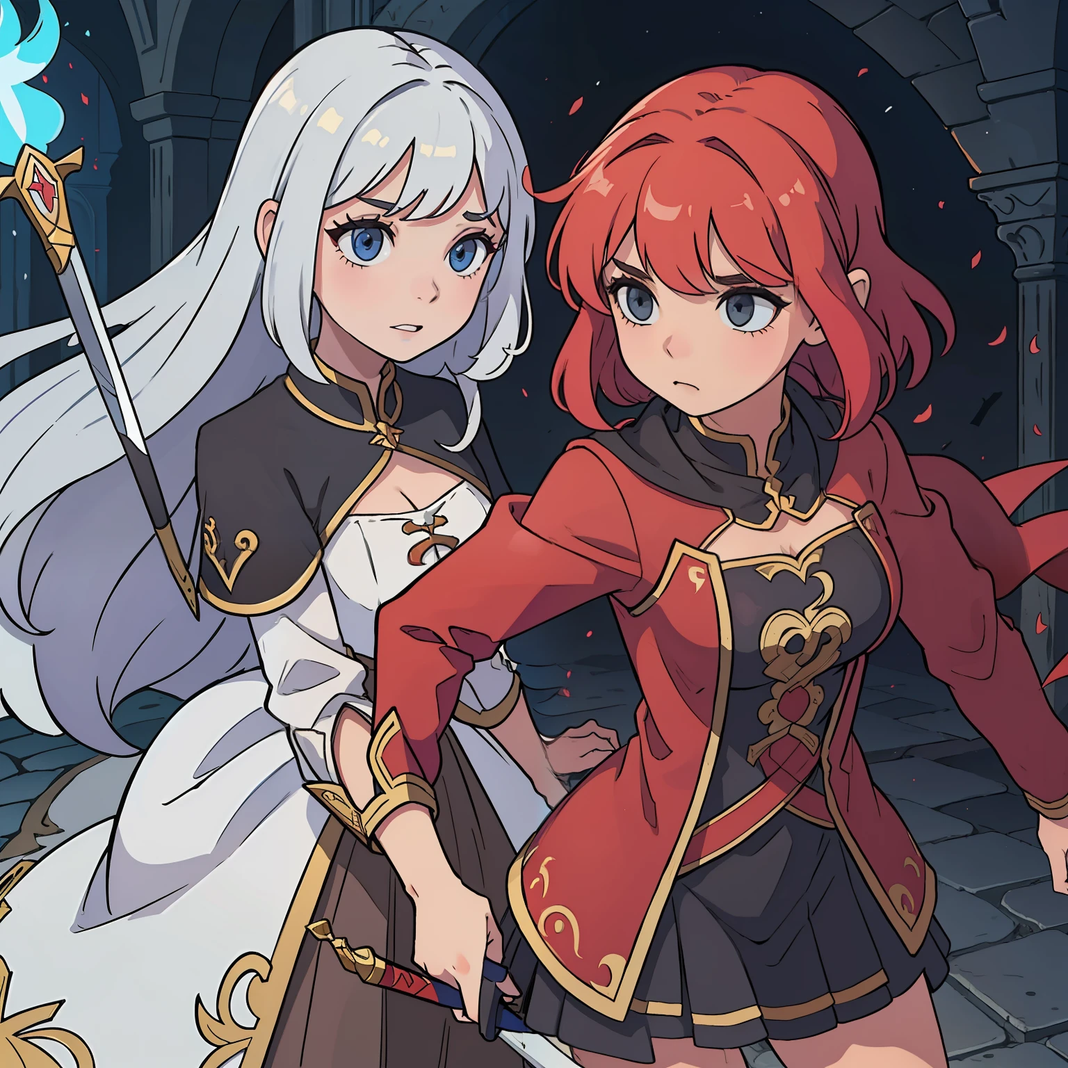 desenhe uma com cabelo vermelho roupas pretas e uma espada transbordando magia de cor cinza