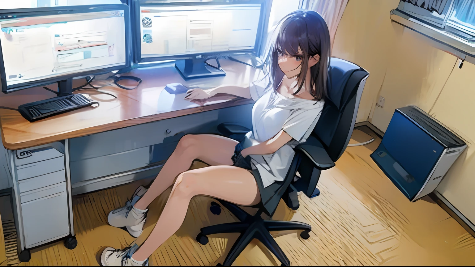 (realisticlying:1.2), 18yo Girl, Raised sexy,bareness, Sit Pose, Computer classroom